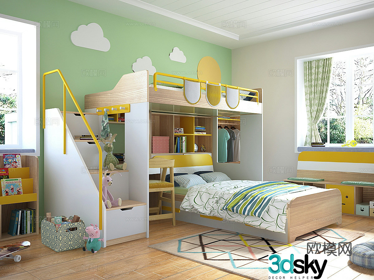 Modern children’s bed bunk bed 3d model