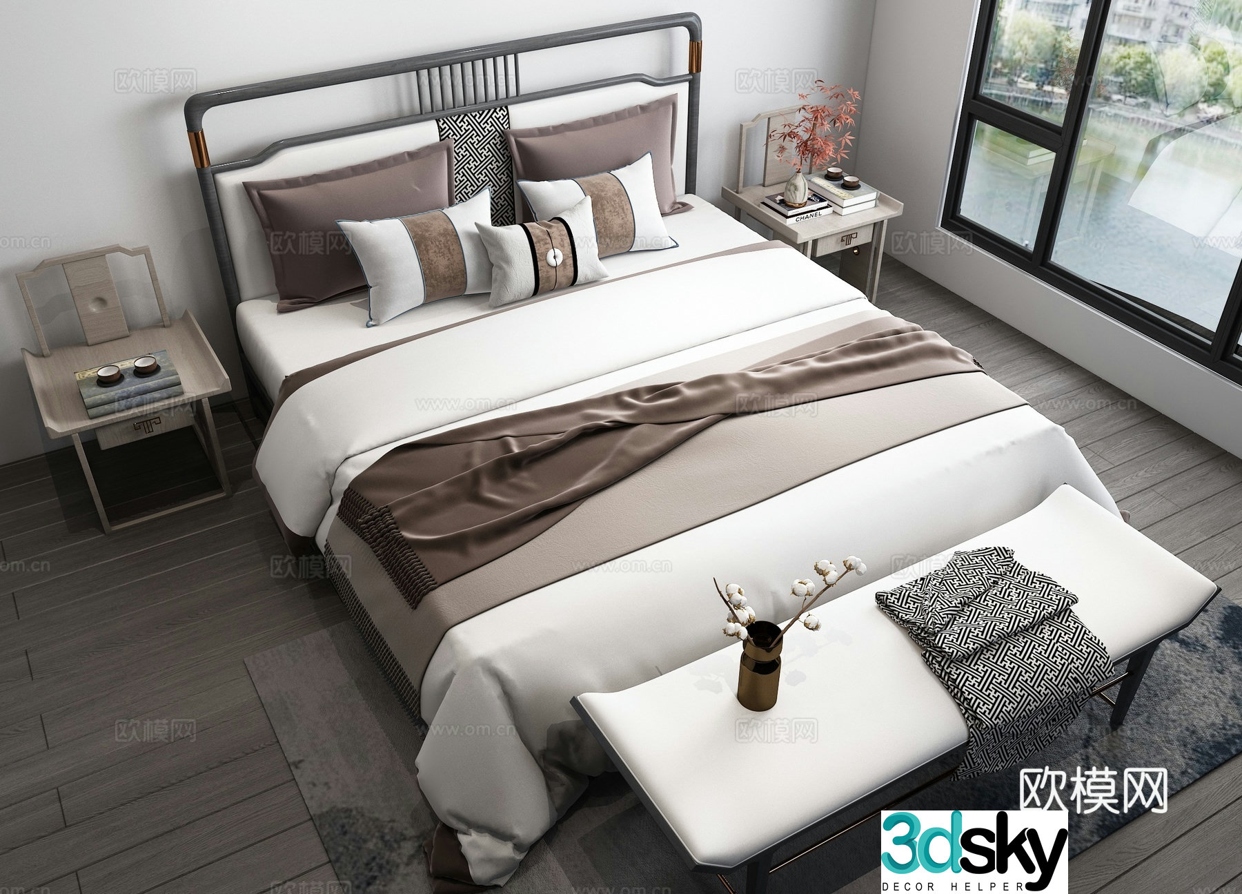 New Chinese style double bed bedside table 3d model