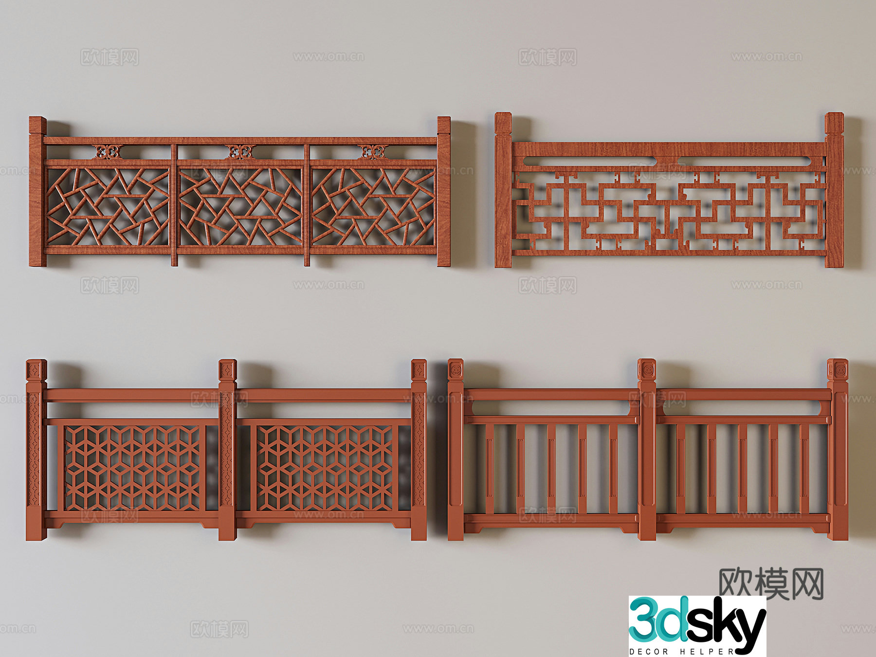 Chinese style fence guardrail railing 3d model