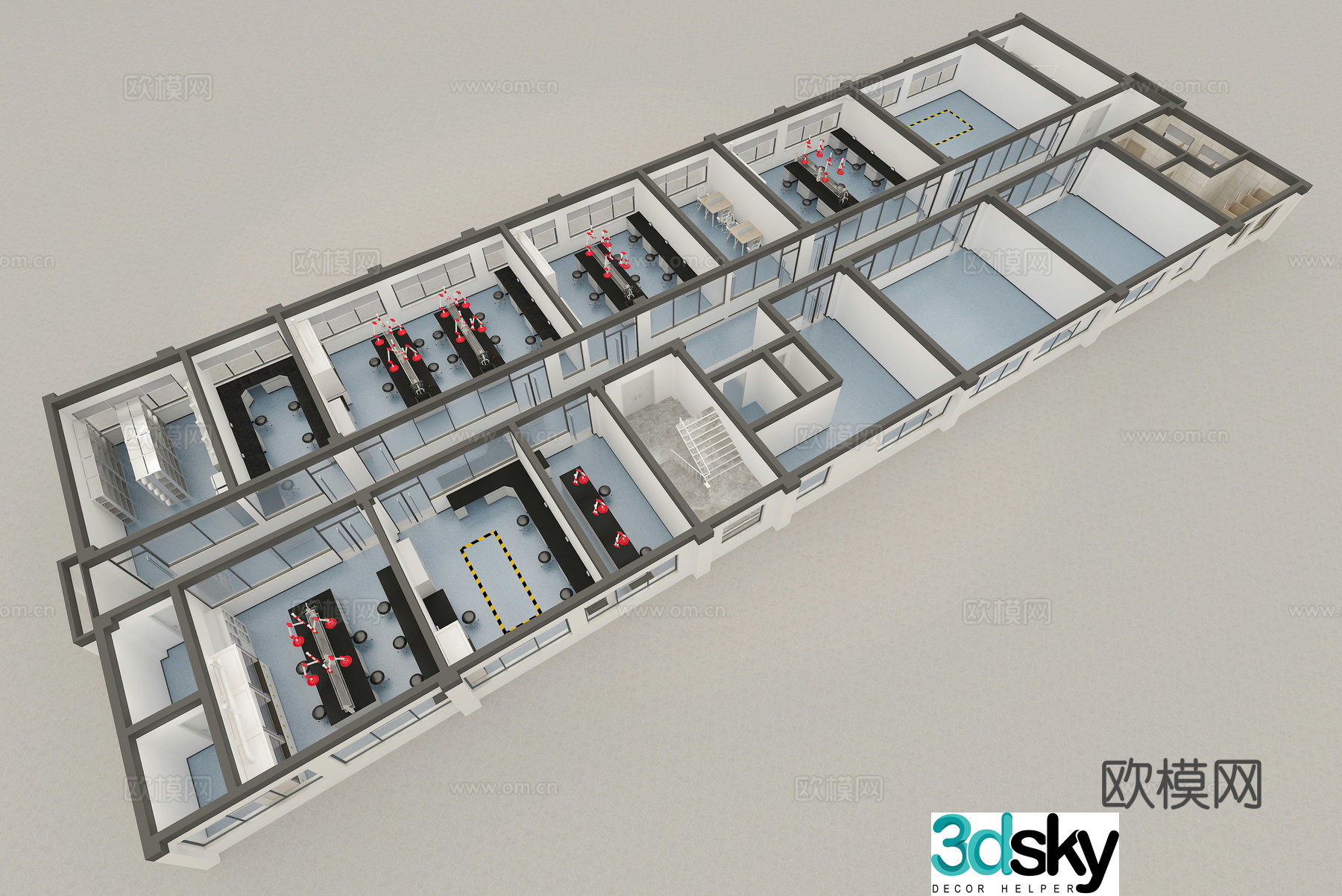Aerial view 3d model of modern laboratory