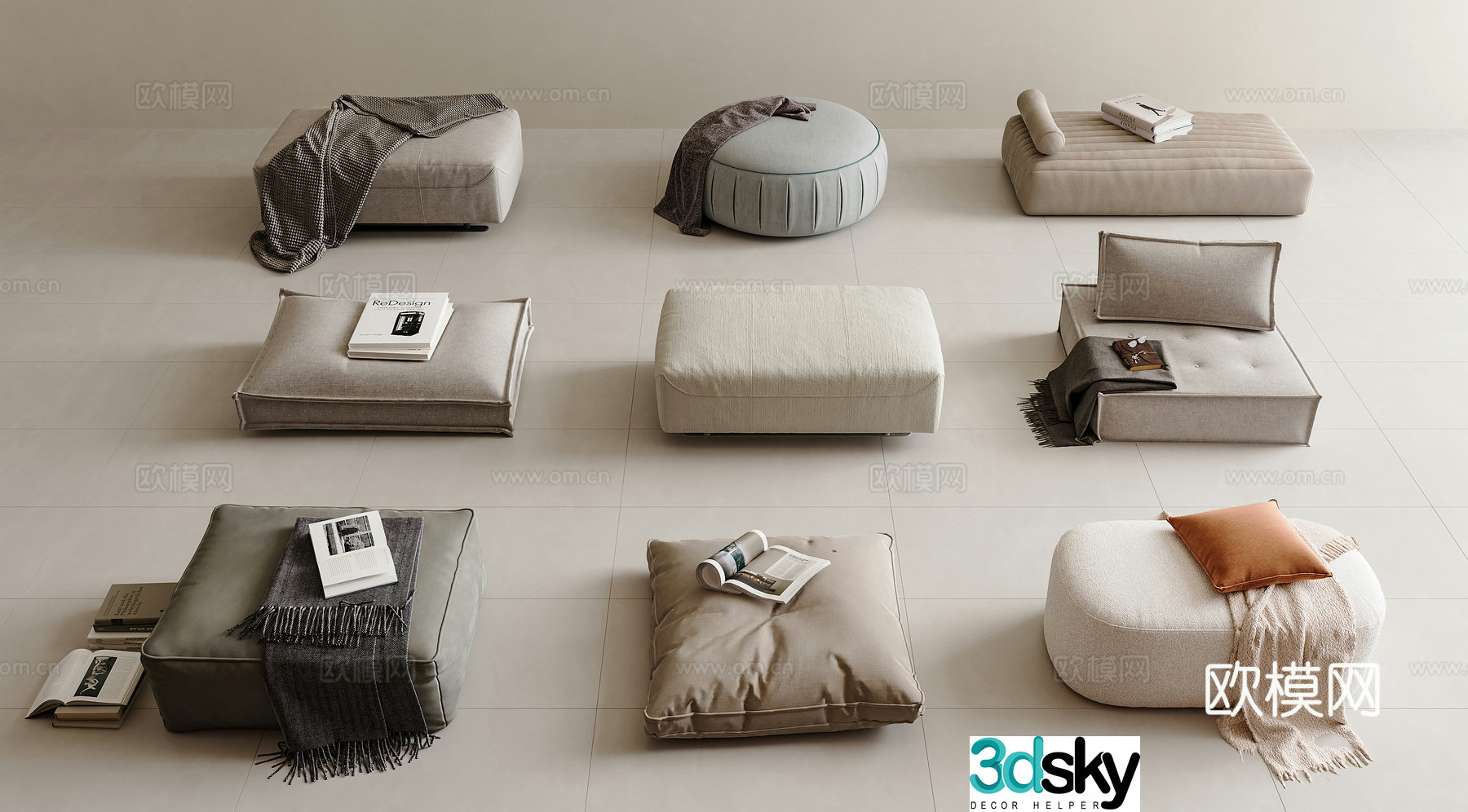 Modern sofa stool square sofa stool shoe changing stool round stool footrest 3D model