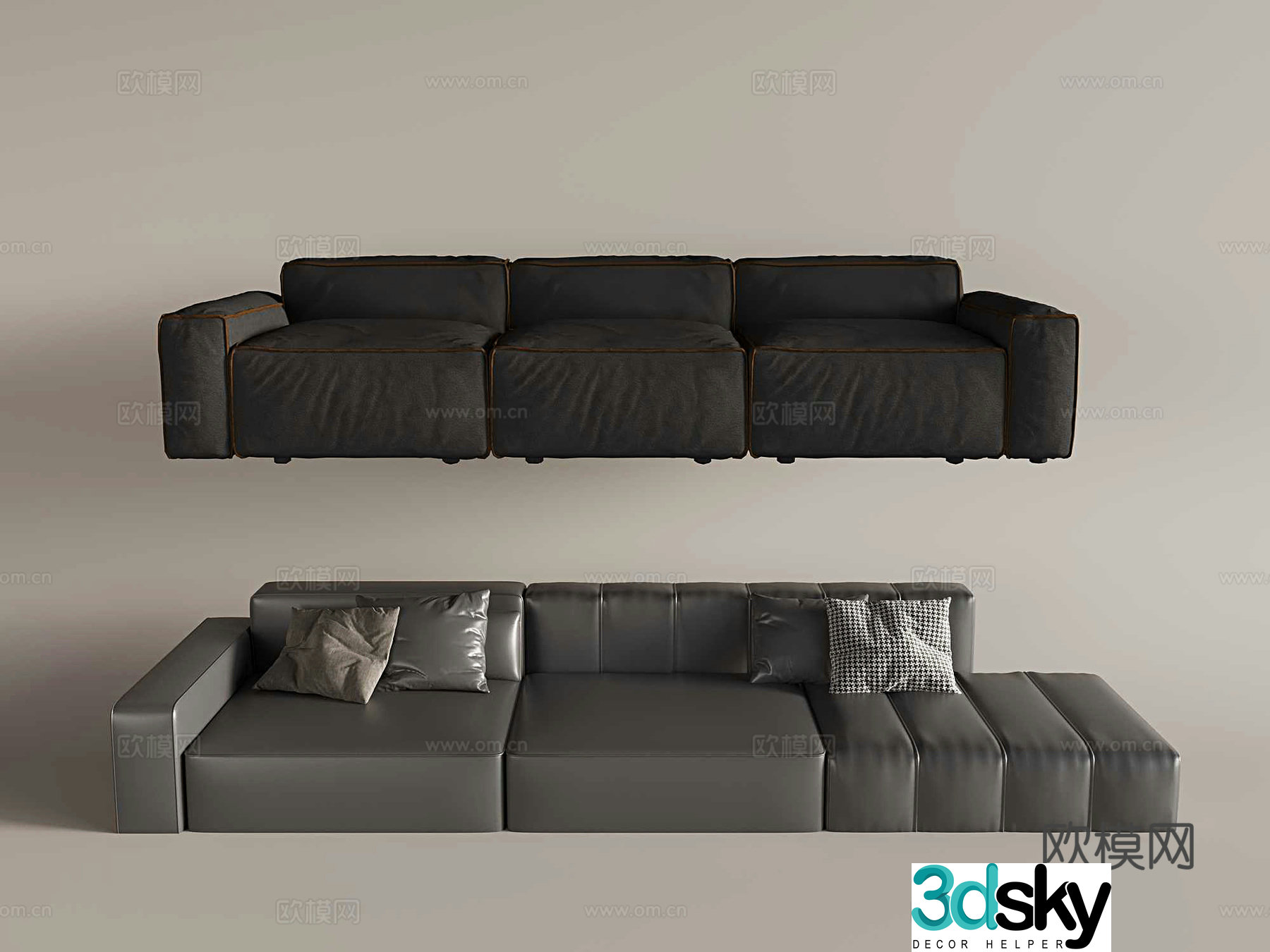 Three-person sofa straight-row sofa tofu module sofa 3D model
