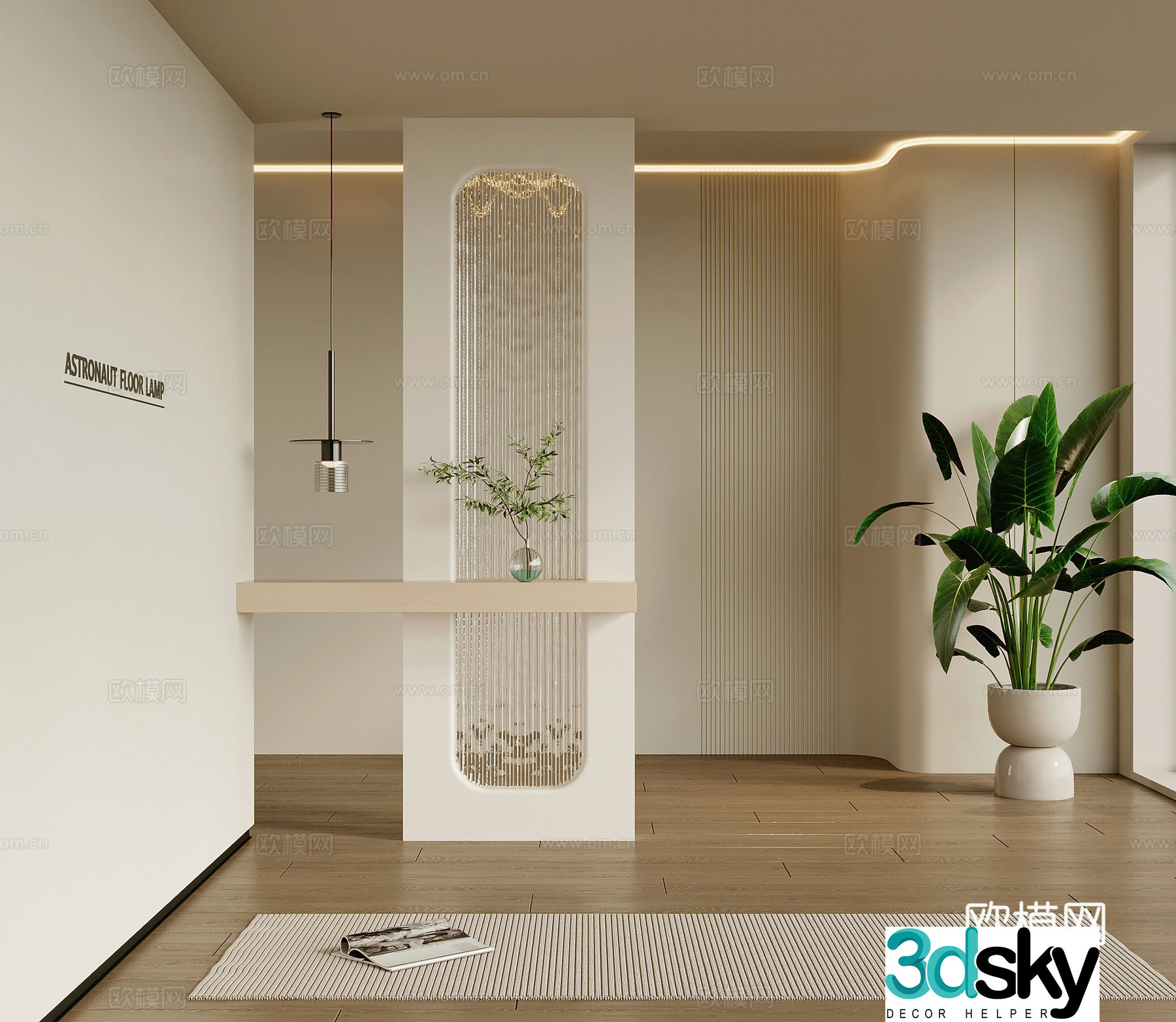 Cream style entrance hall entrance background glass brick wall 3d model