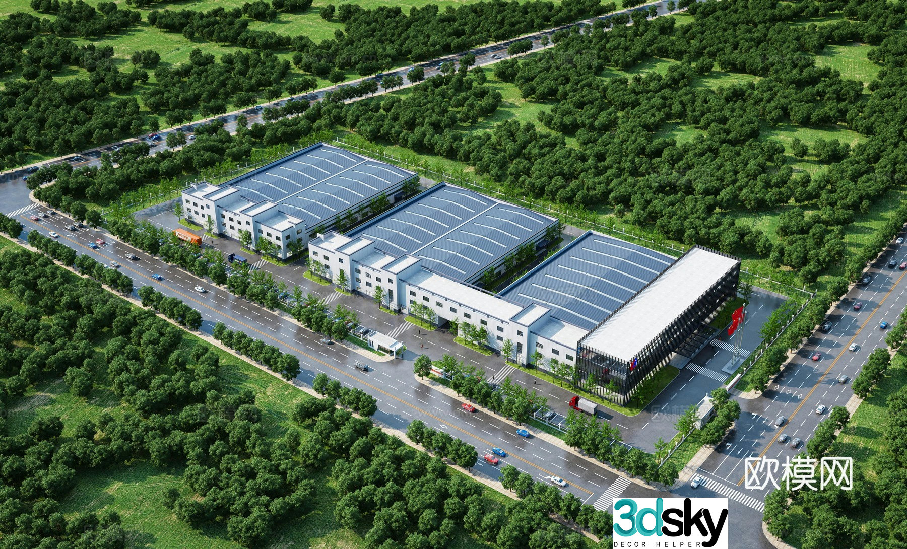 Aerial view 3d model of modern factory building