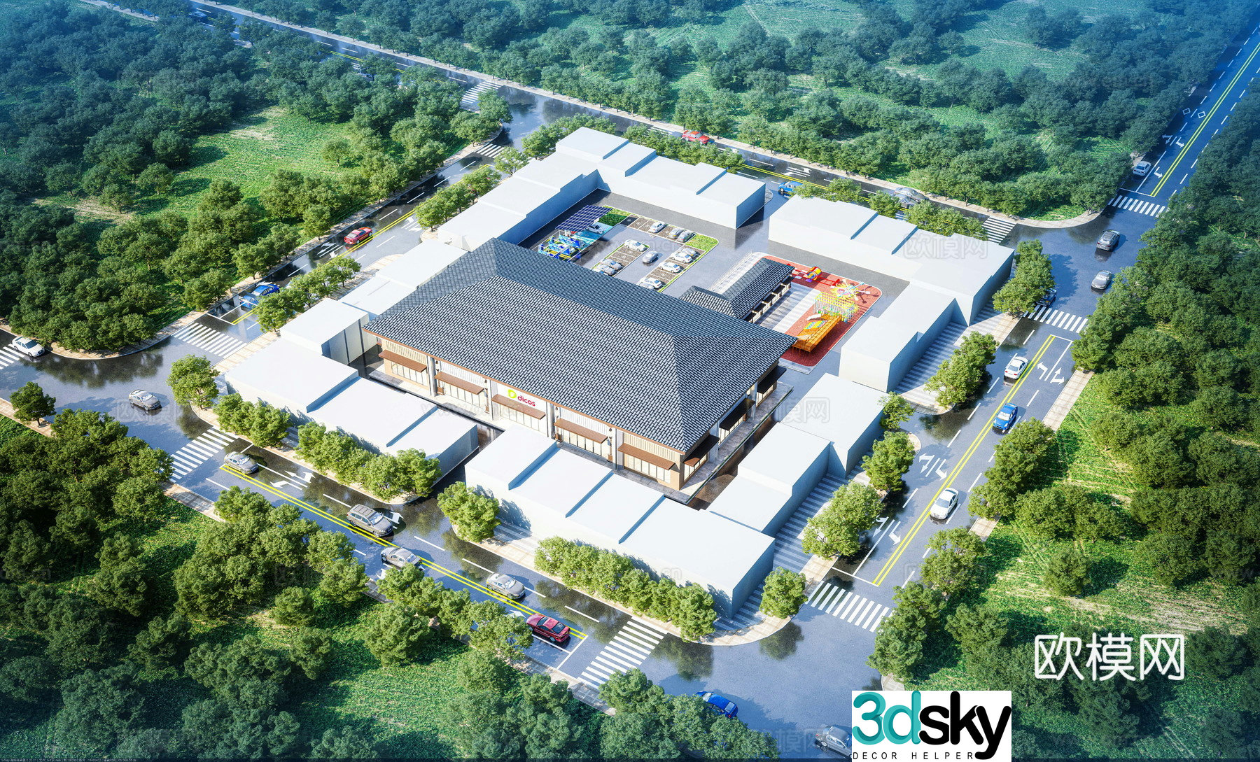 New Chinese style shopping mall market aerial view 3d model