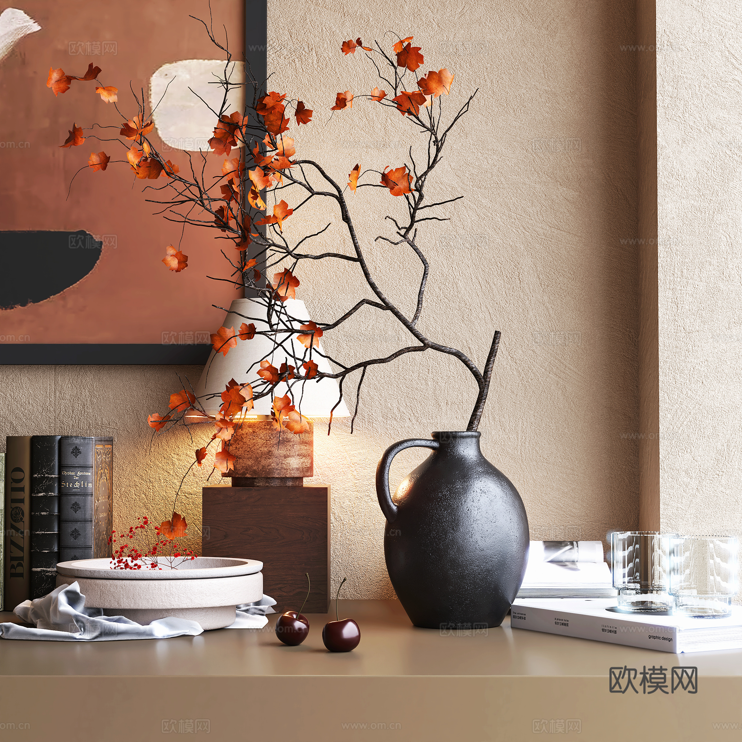 Medieval style tableware vase dried flowers books 3d model