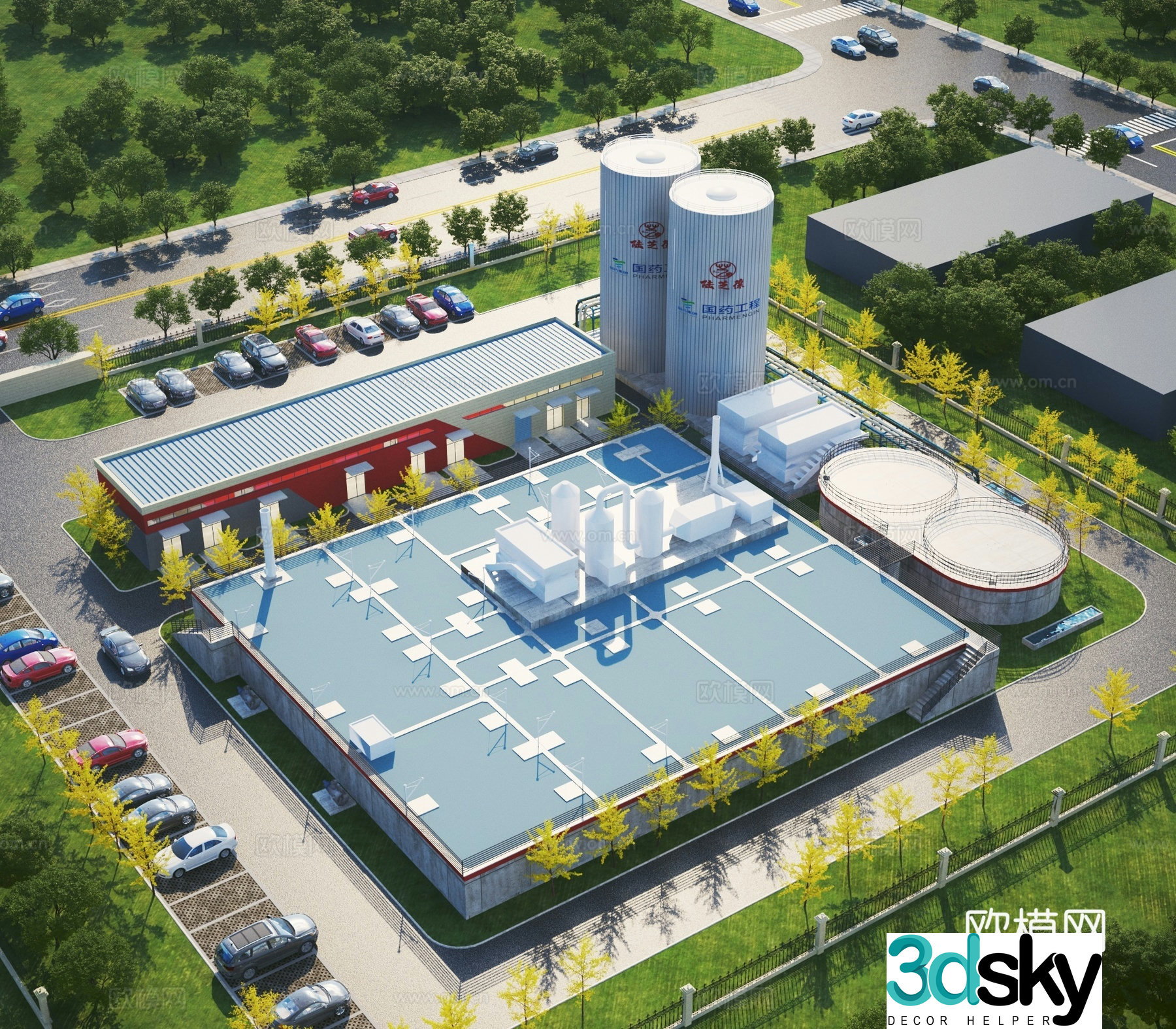 Aerial view of sewage treatment plant industrial park 3D model