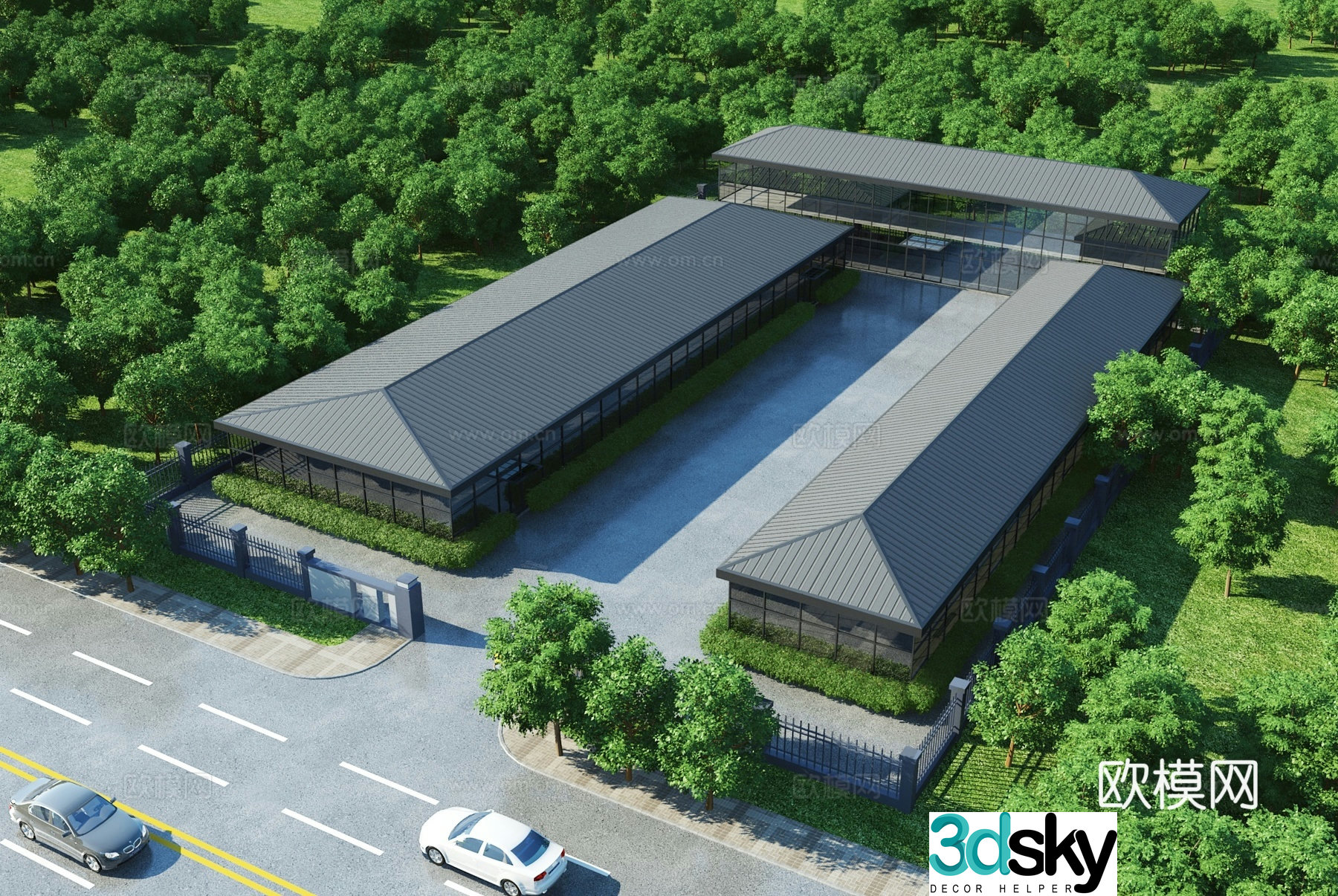 Aerial view 3d model of modern factory building