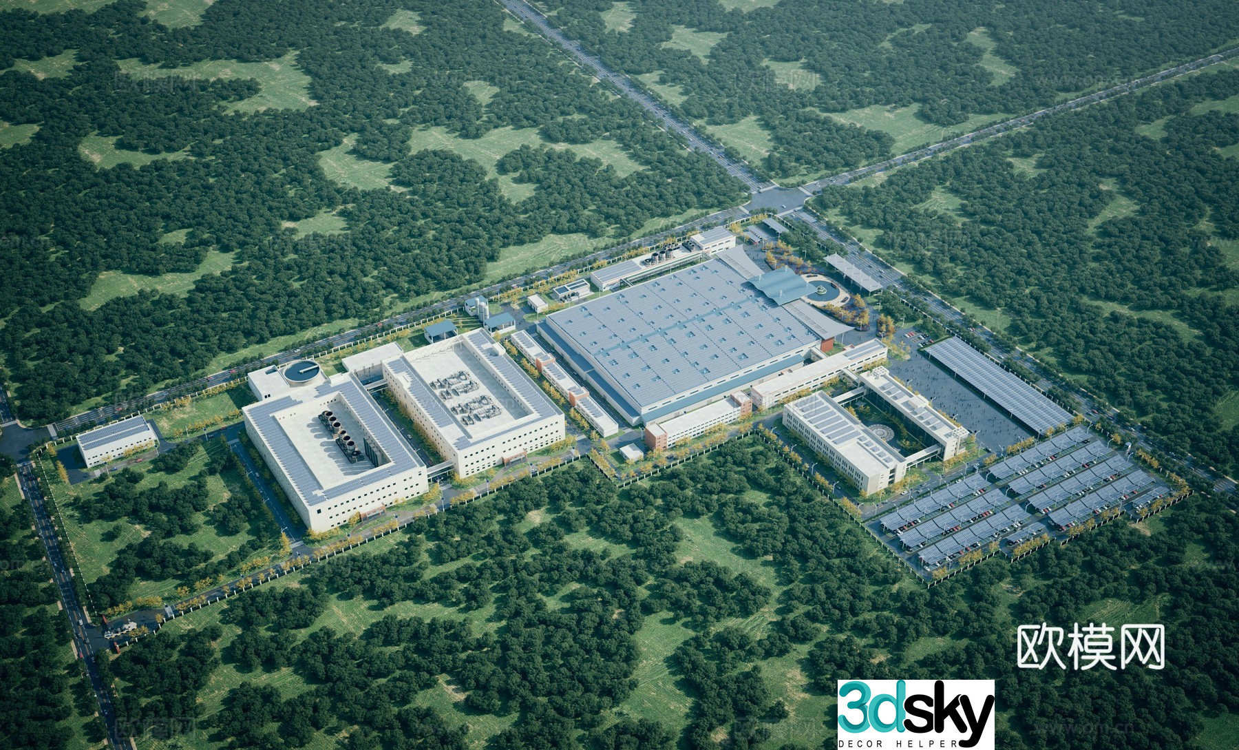 Modern factory building aerial view 3d model of factory area