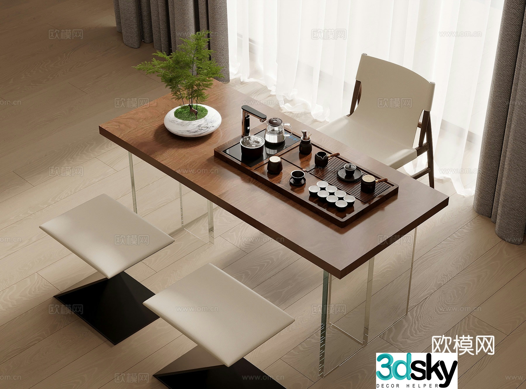 New Chinese tea table and chairs 3d model