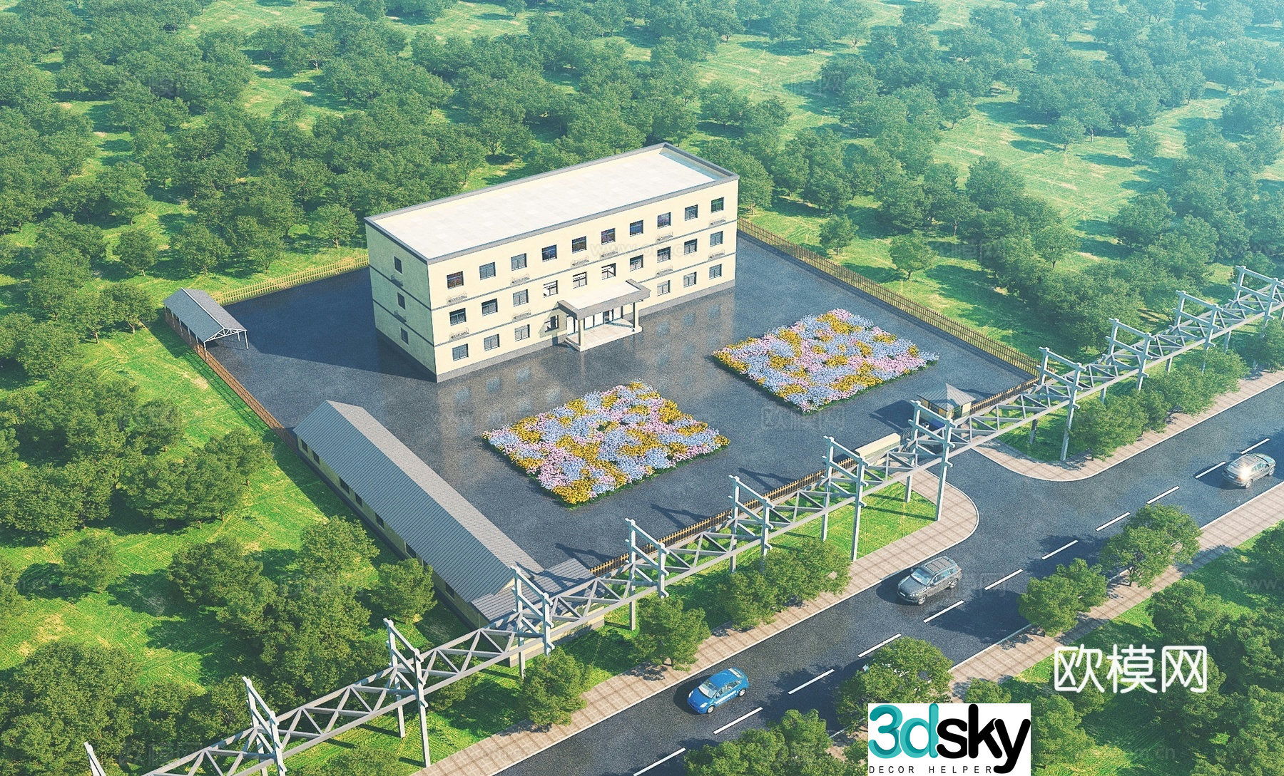 Aerial view 3d model of modern office building architecture