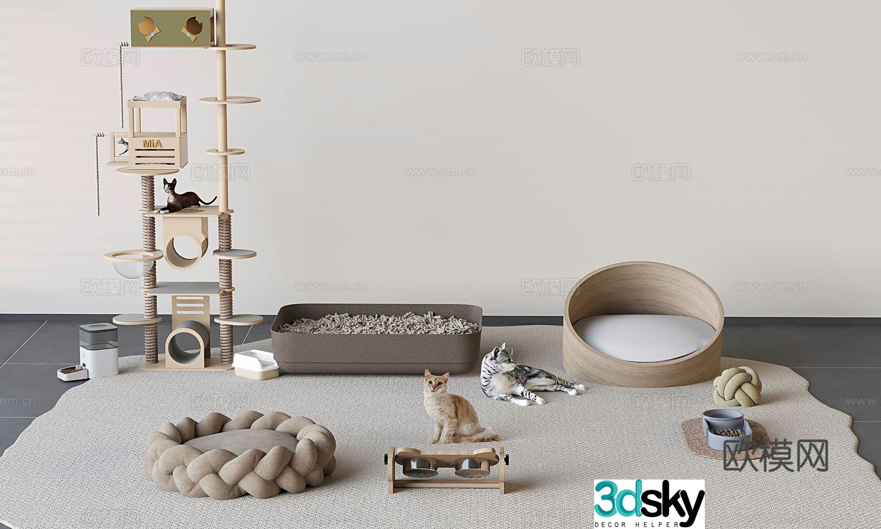 Solid wood cat climbing frame cat nest cat toys cat food feeder cat litter box 3D model