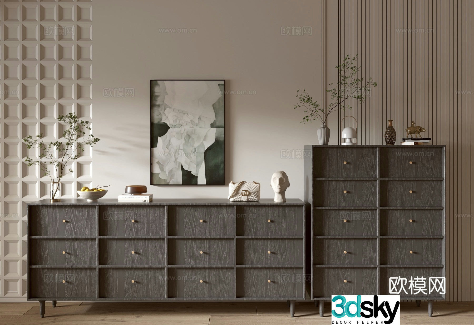 Modern black wood grain entrance cabinet drawer cabinet 3d model
