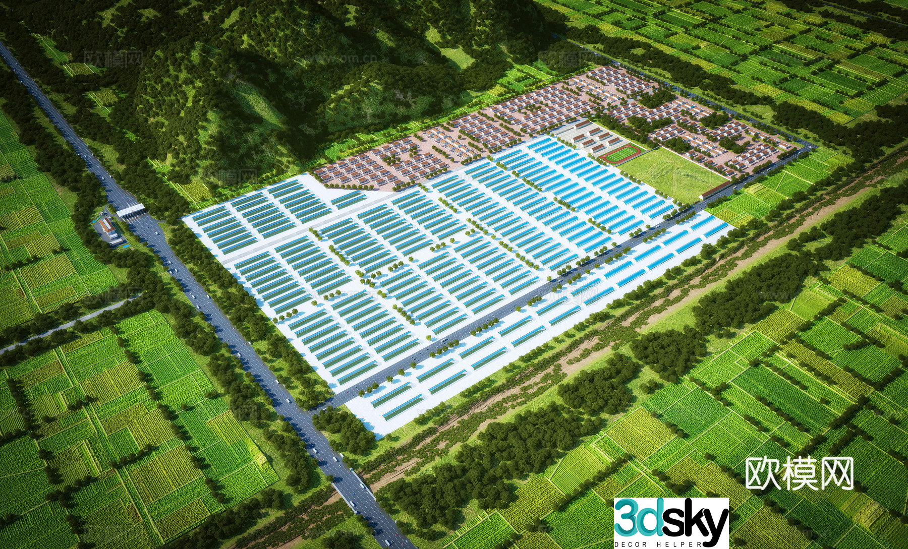 Aerial view of industrial park factory building 3D model