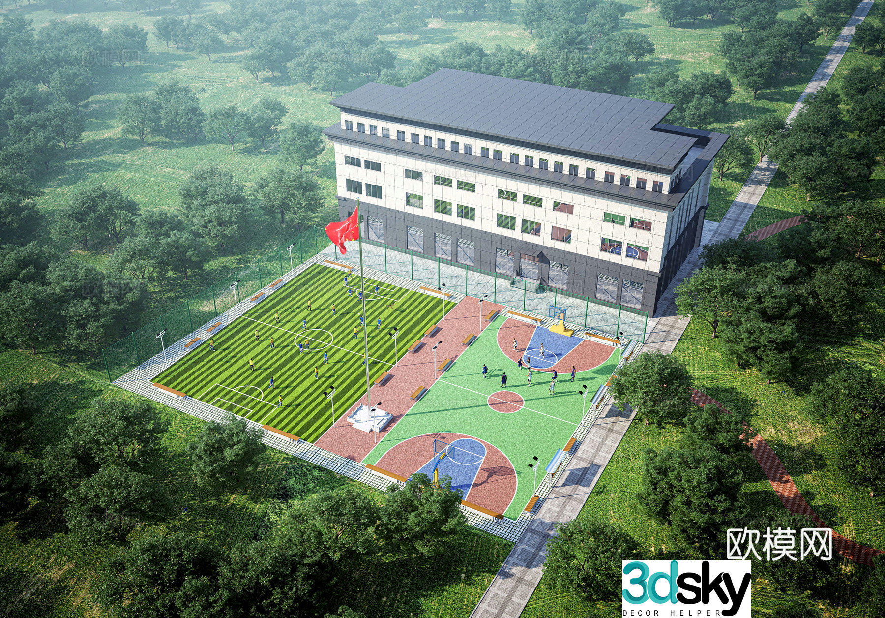 Aerial view of modern school playground 3d model