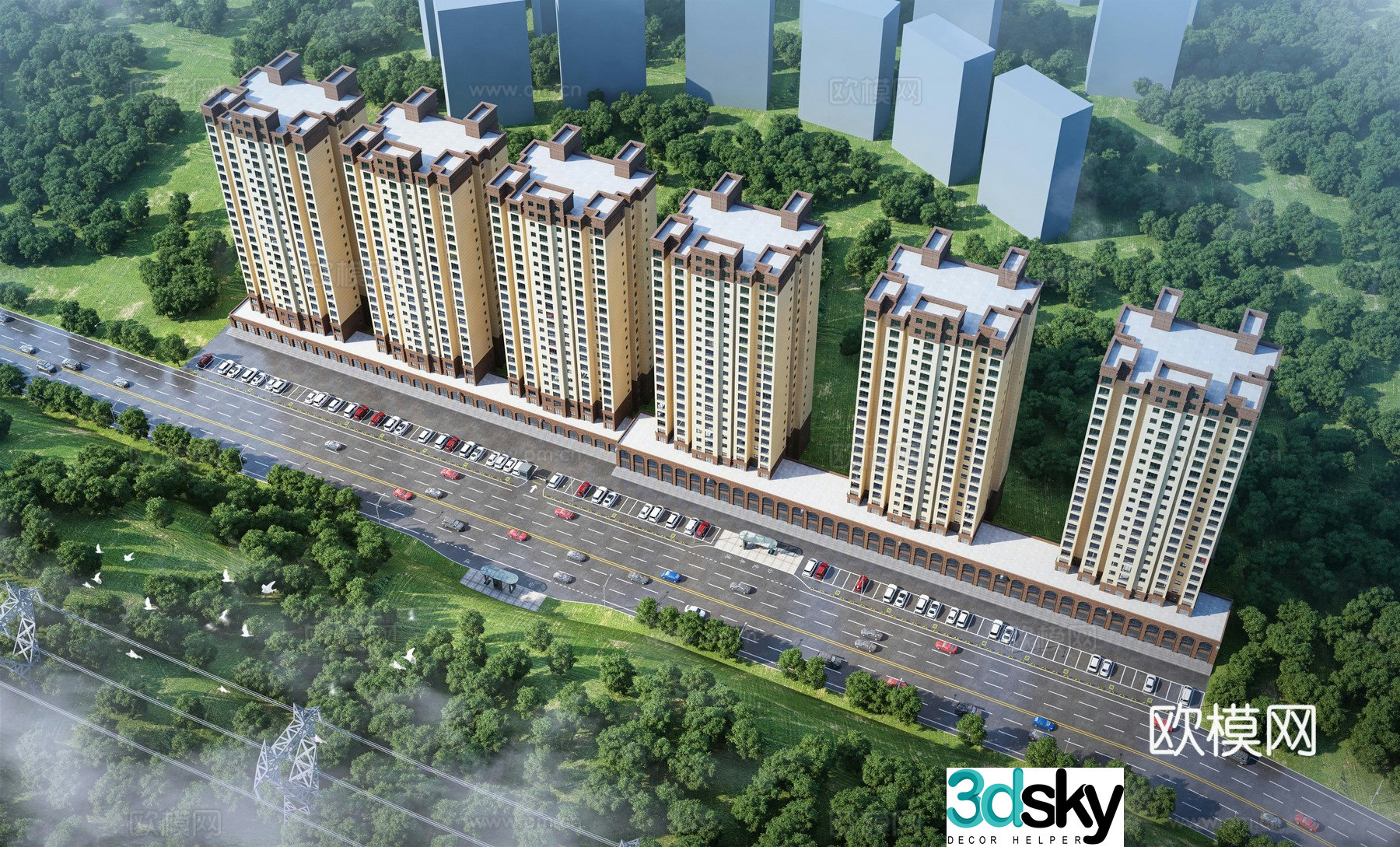 Aerial view 3d model of modern high-rise residential building