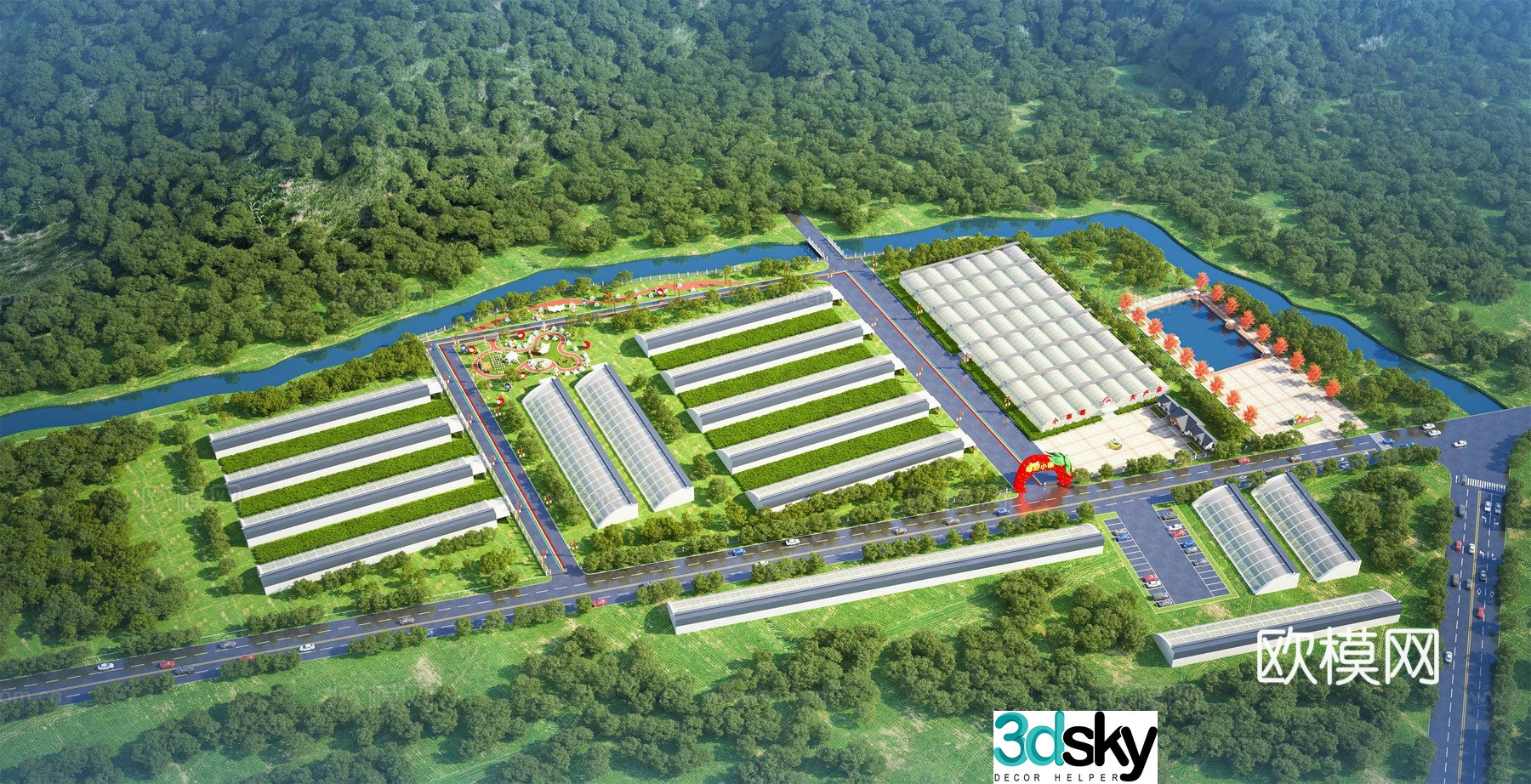 Aerial view architectural 3D model of modern greenhouse