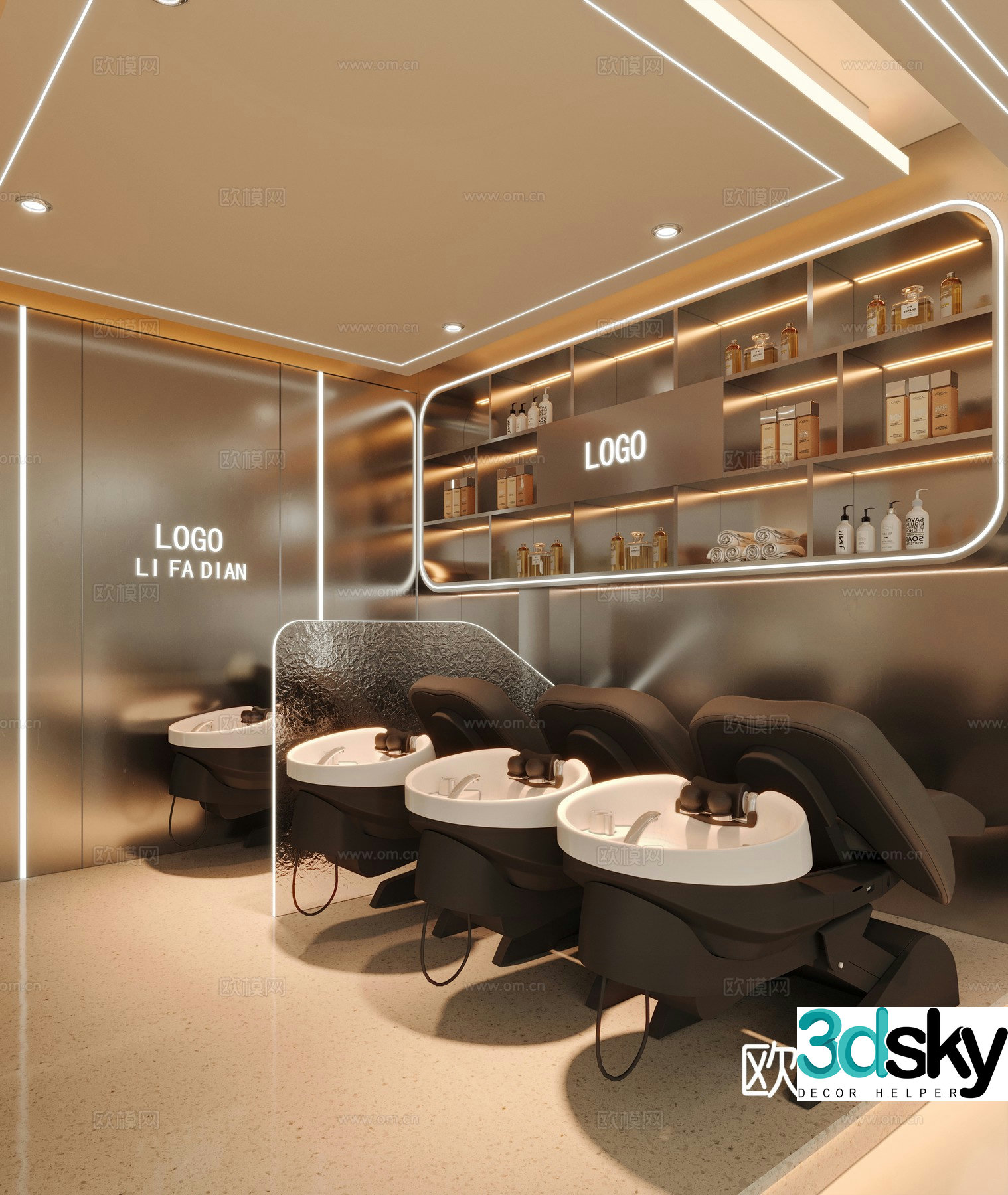Modern barber shop beauty salon hair washing area 3d model