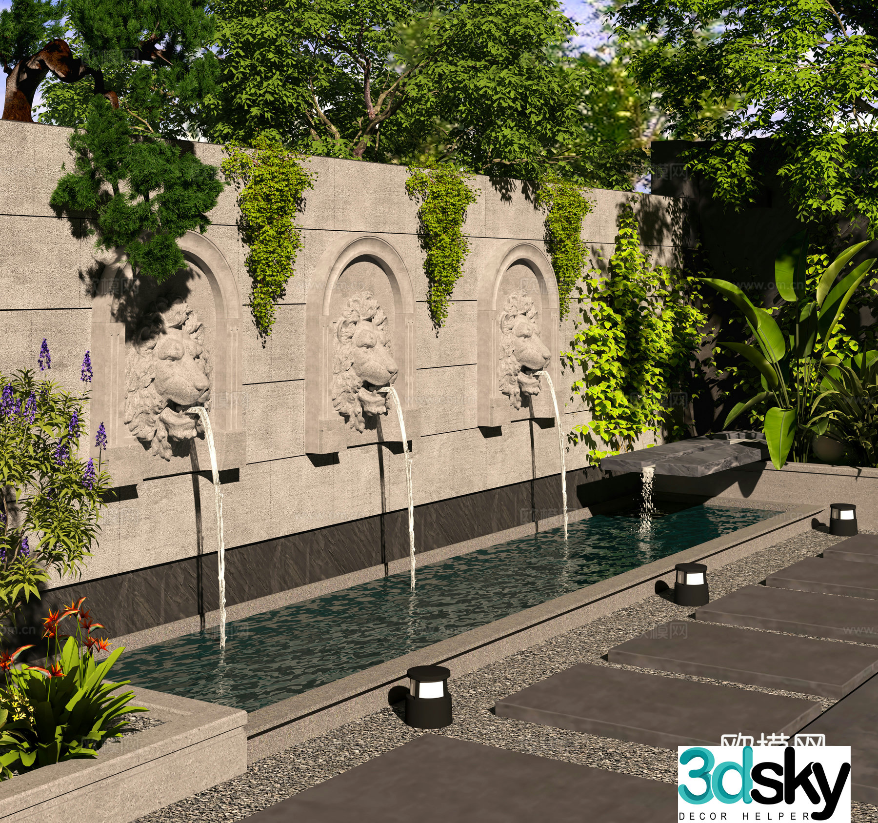 Modern courtyard sculpture garden water feature 3d model