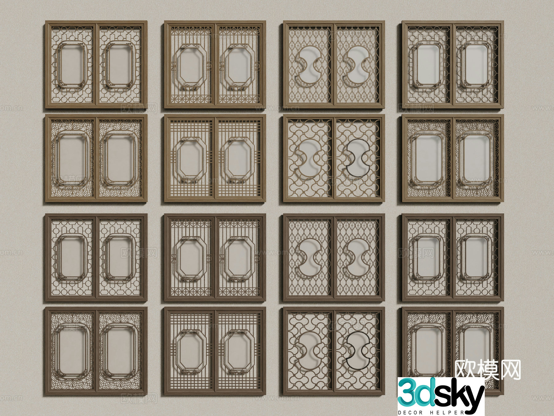 New Chinese style windows hollow windows carved windows lattice windows wooden windows 3d model