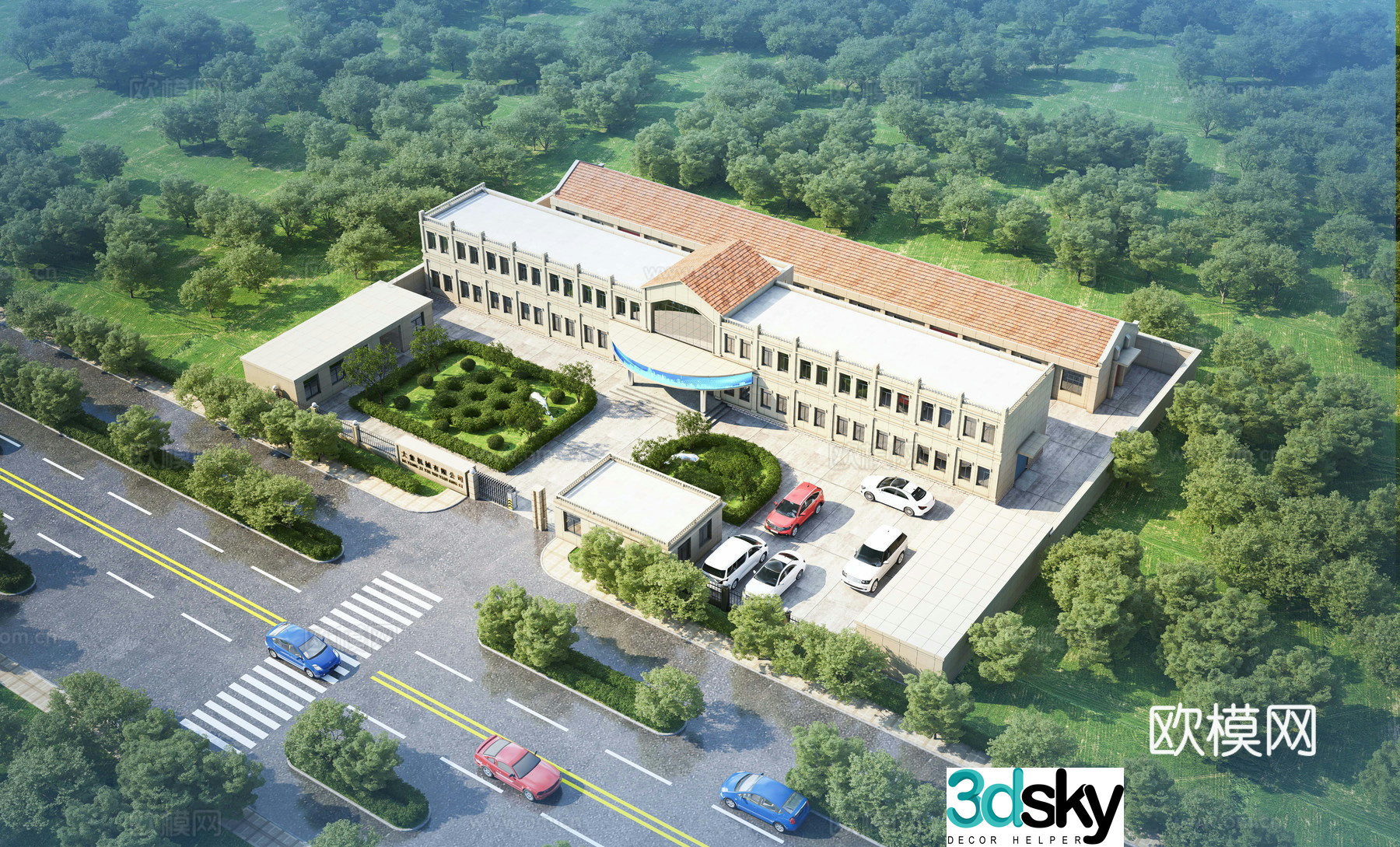 Aerial view 3D model of Jianou office building