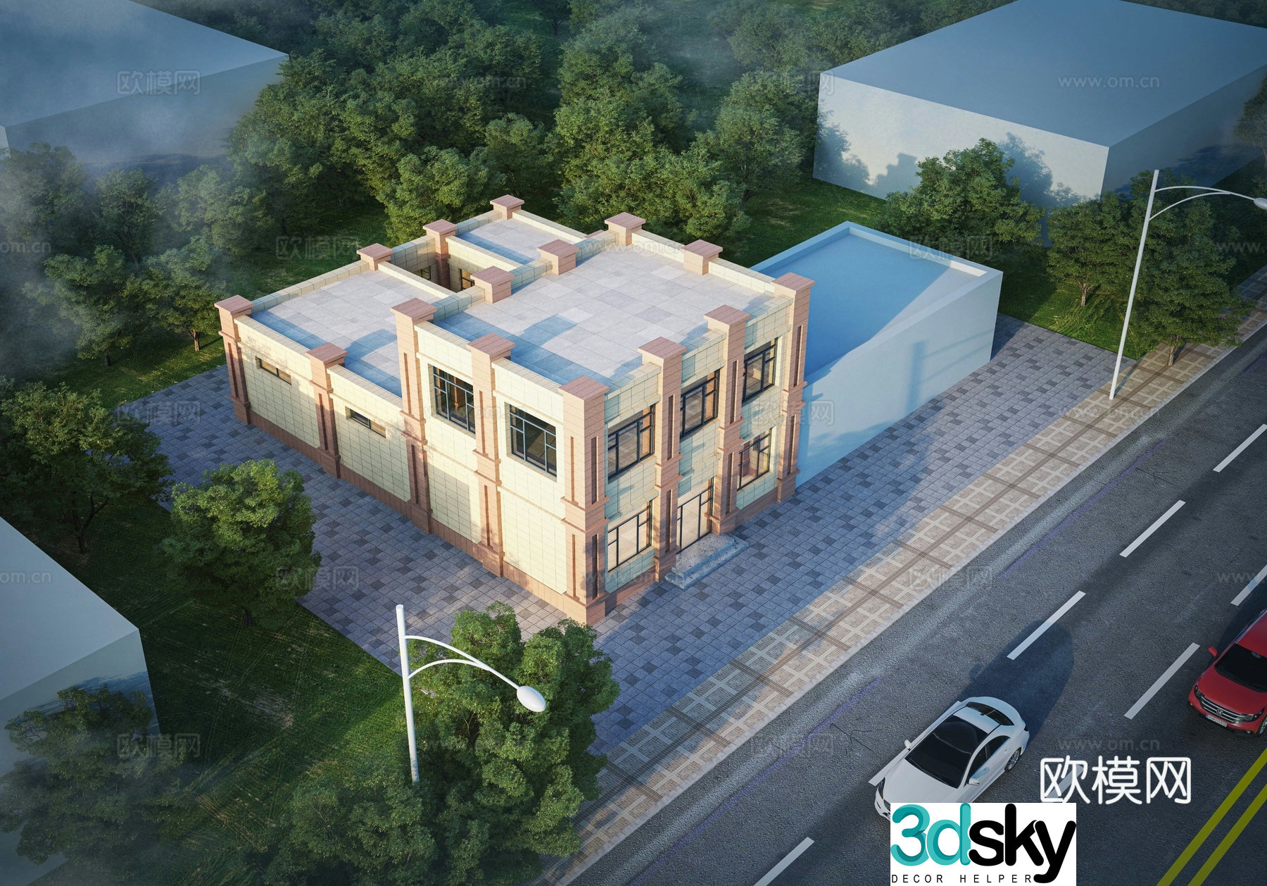 Aerial view of office building commercial complex 3d model