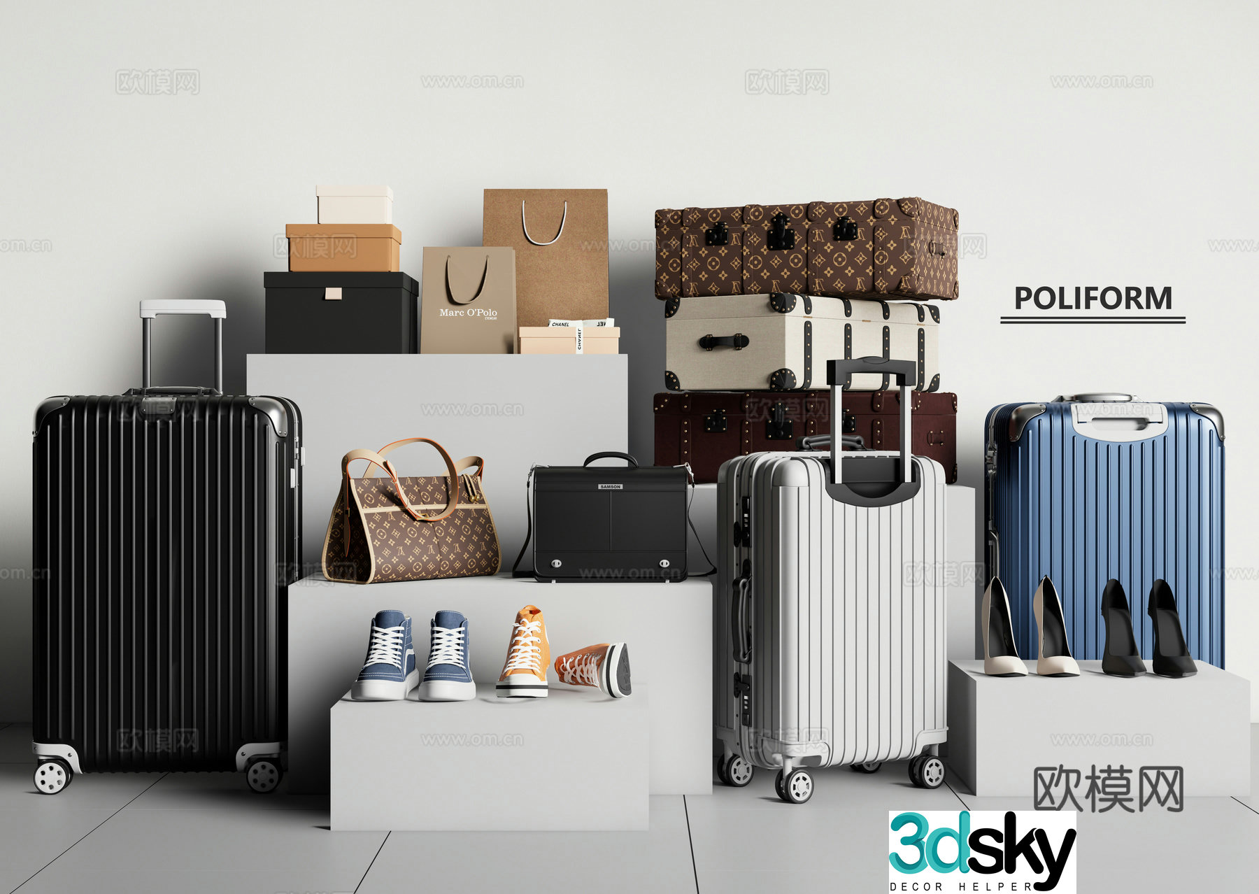 Luggage trolley suitcase bag shoes 3d model