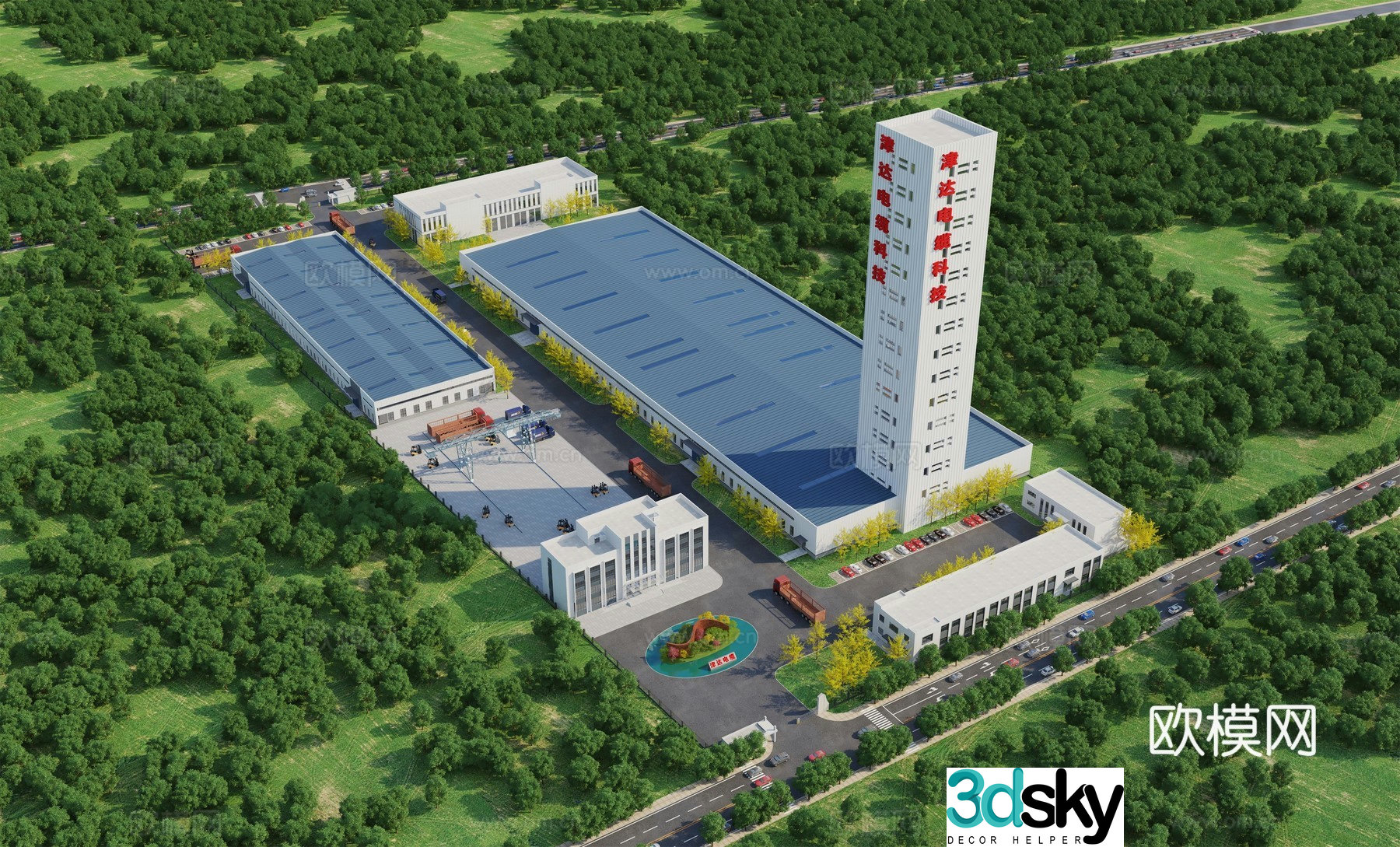 Aerial view 3d model of modern factory building