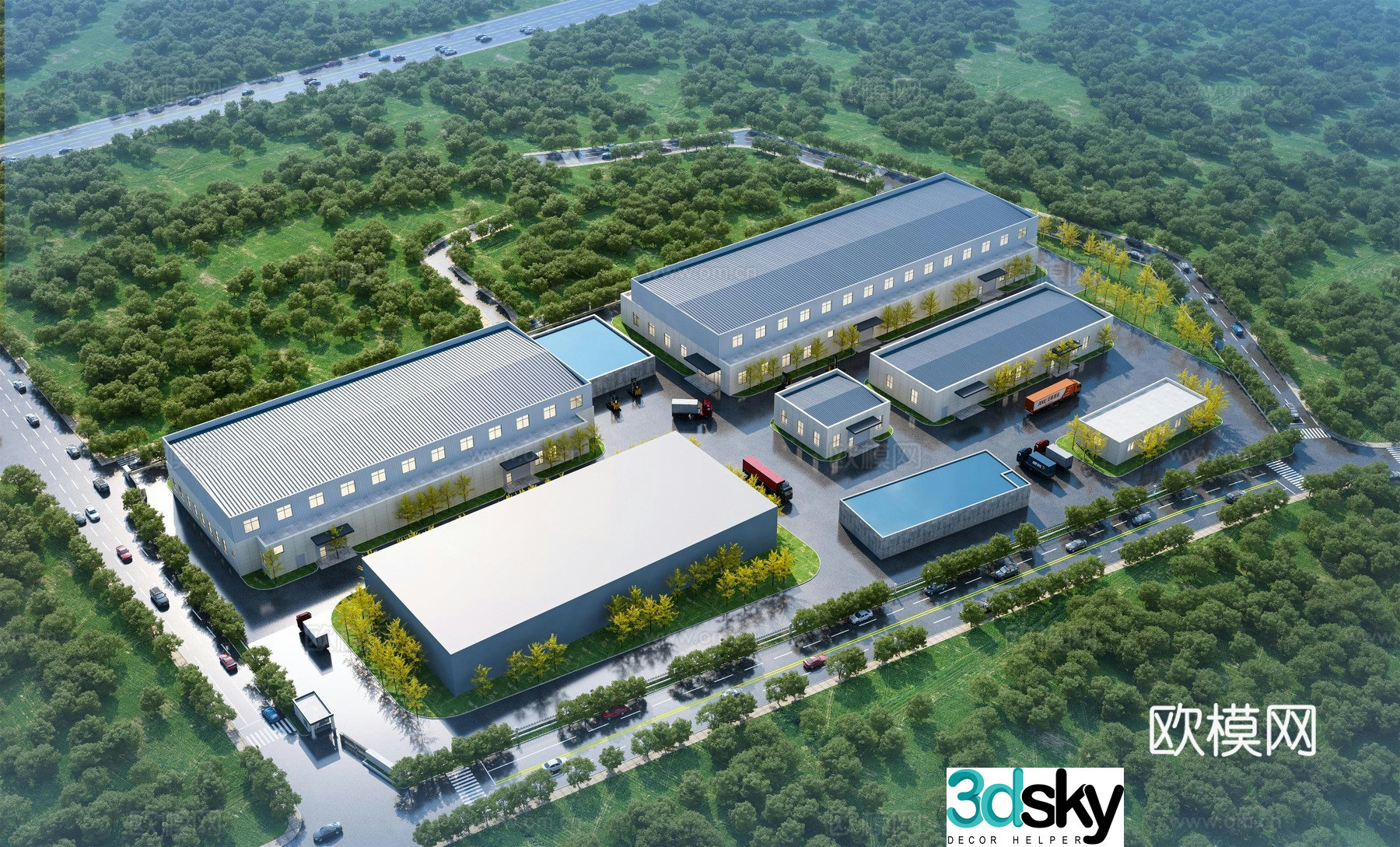 Aerial view 3d model of modern factory building project department