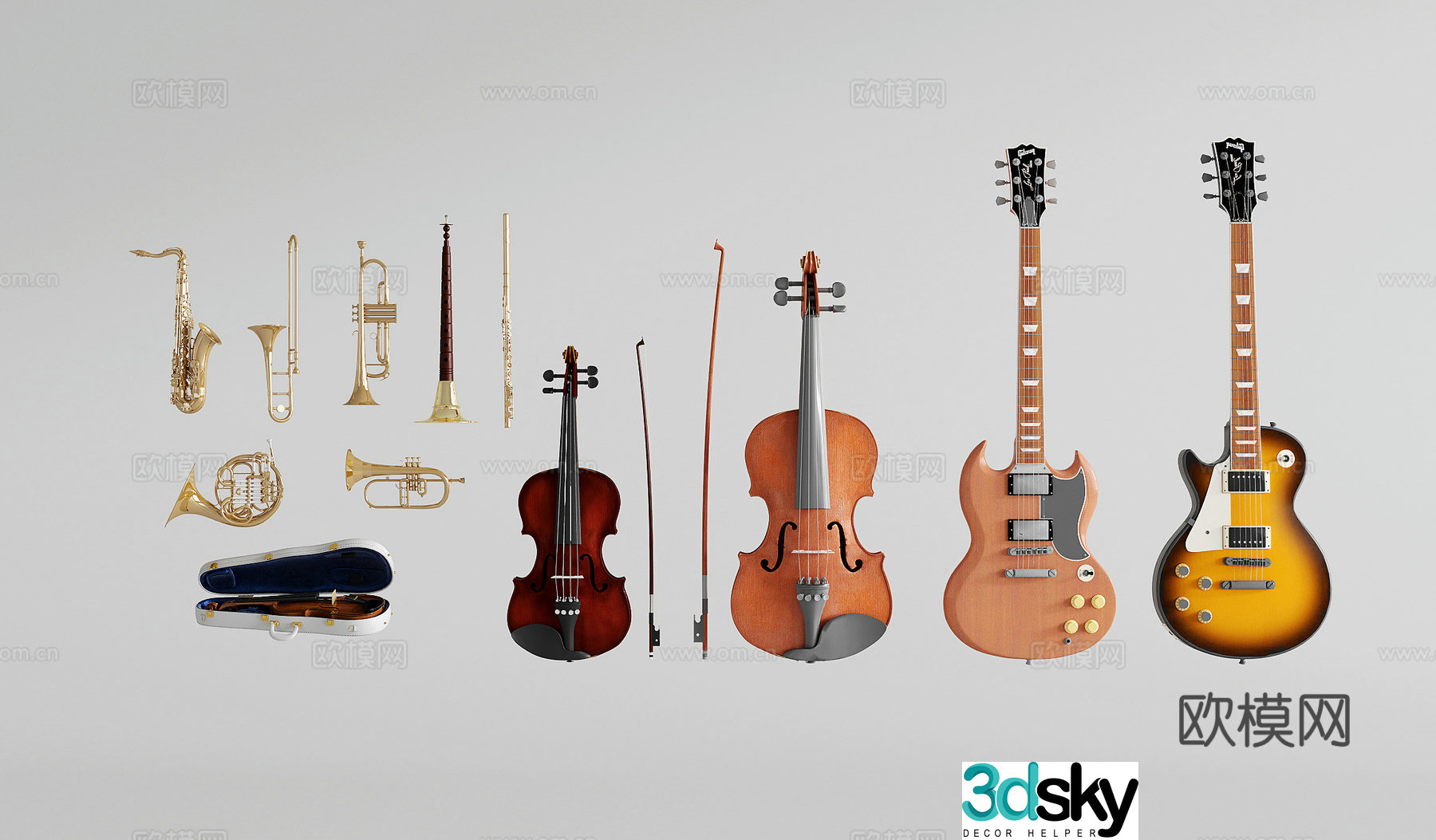 Modern musical instruments guitar violin shax trumpet 3d model