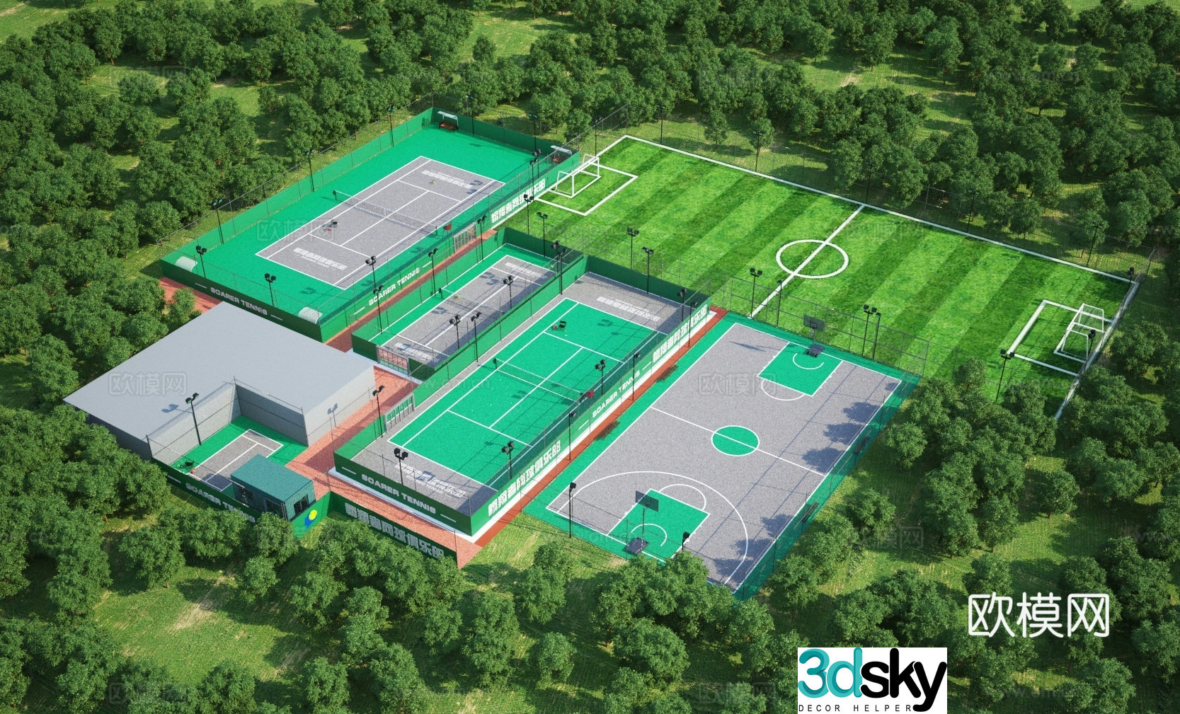 Modern badminton court tennis court basketball court football field aerial view 3d model