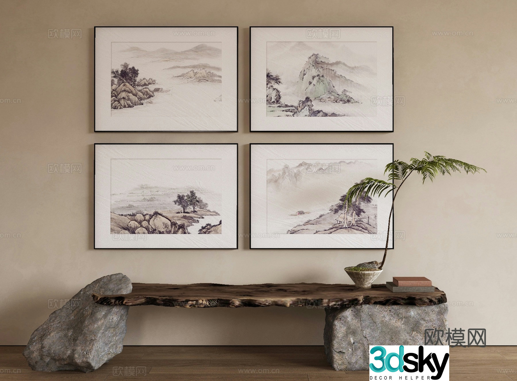 New Chinese style landscape painting decorative painting 3D model
