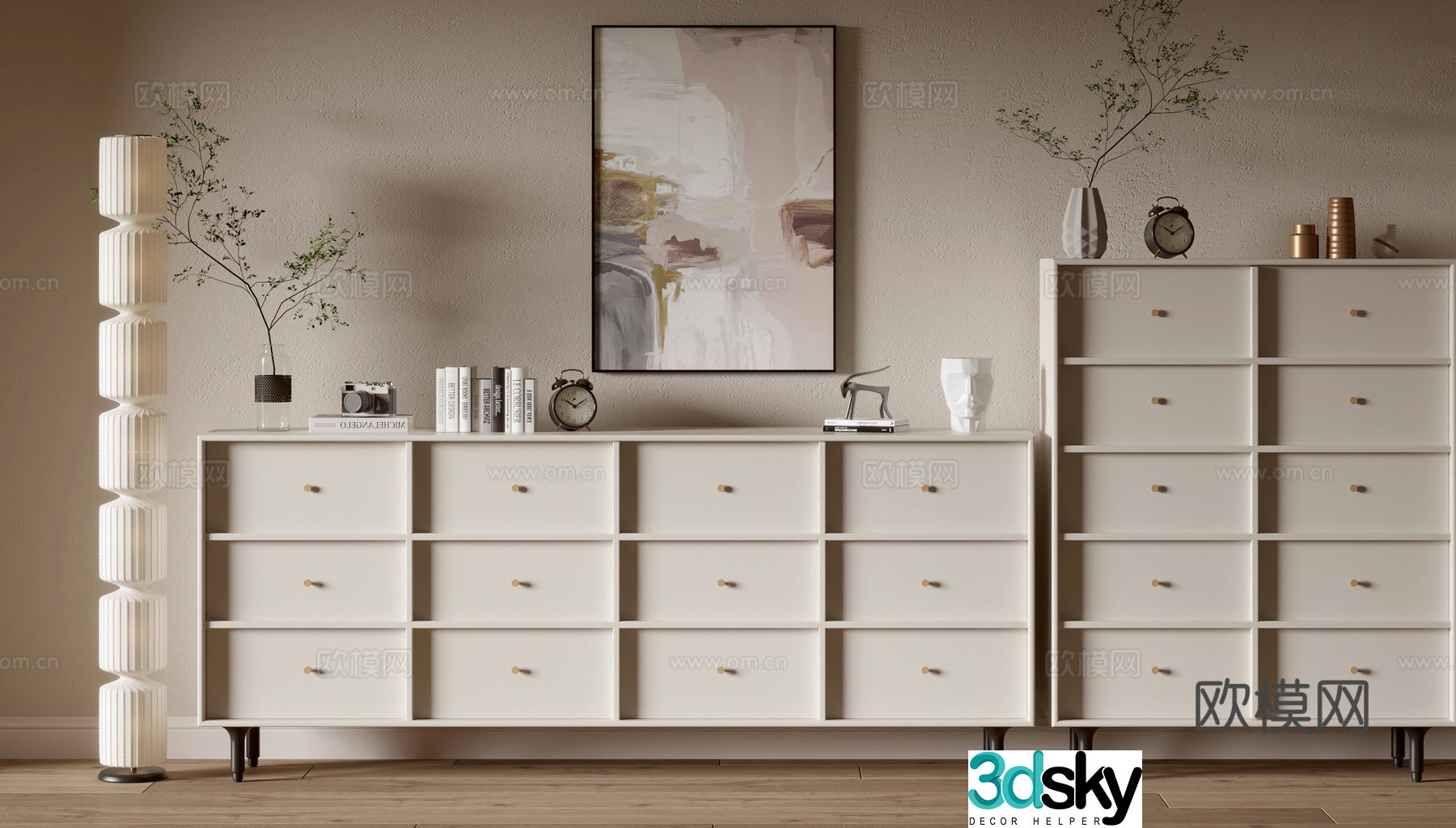 Cream style side cabinet chest of drawers low cabinet 3D model