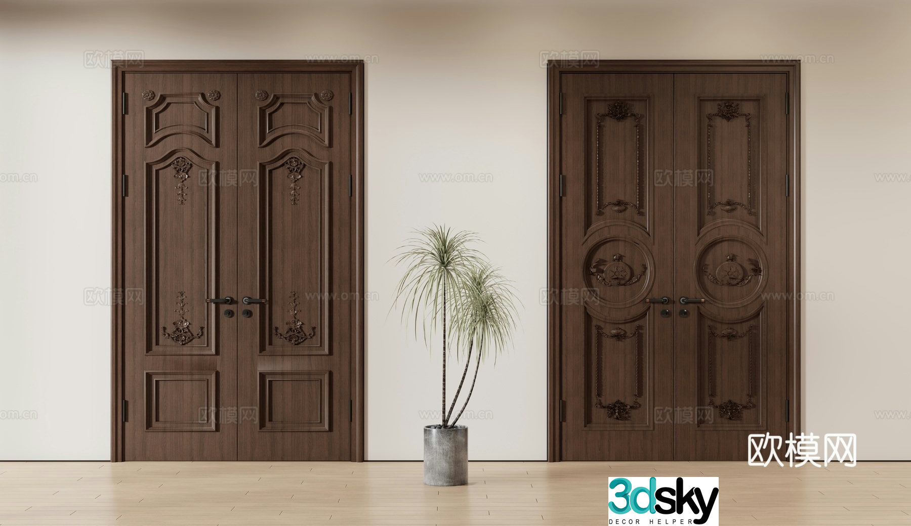 European double door double door villa door room door wooden door solid wood door 3D model