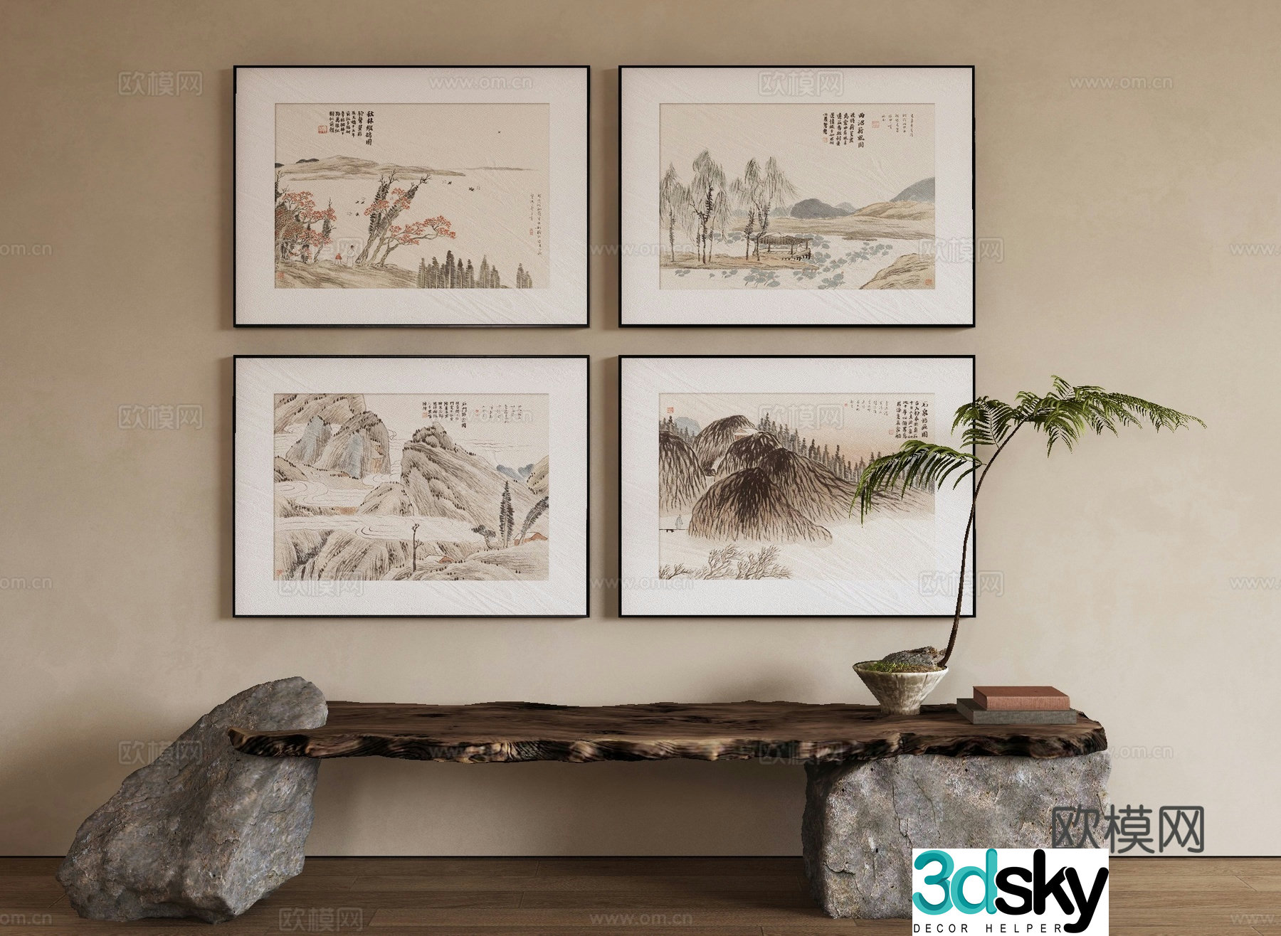 New Chinese style decorative painting landscape painting combined hanging painting 3D model