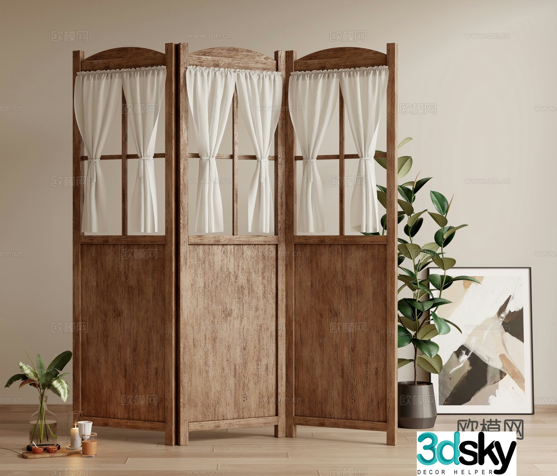 Wabi-sabi retro folding screen 3d model