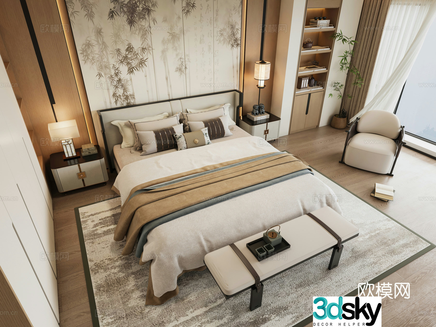 New Chinese style double bed 3d model
