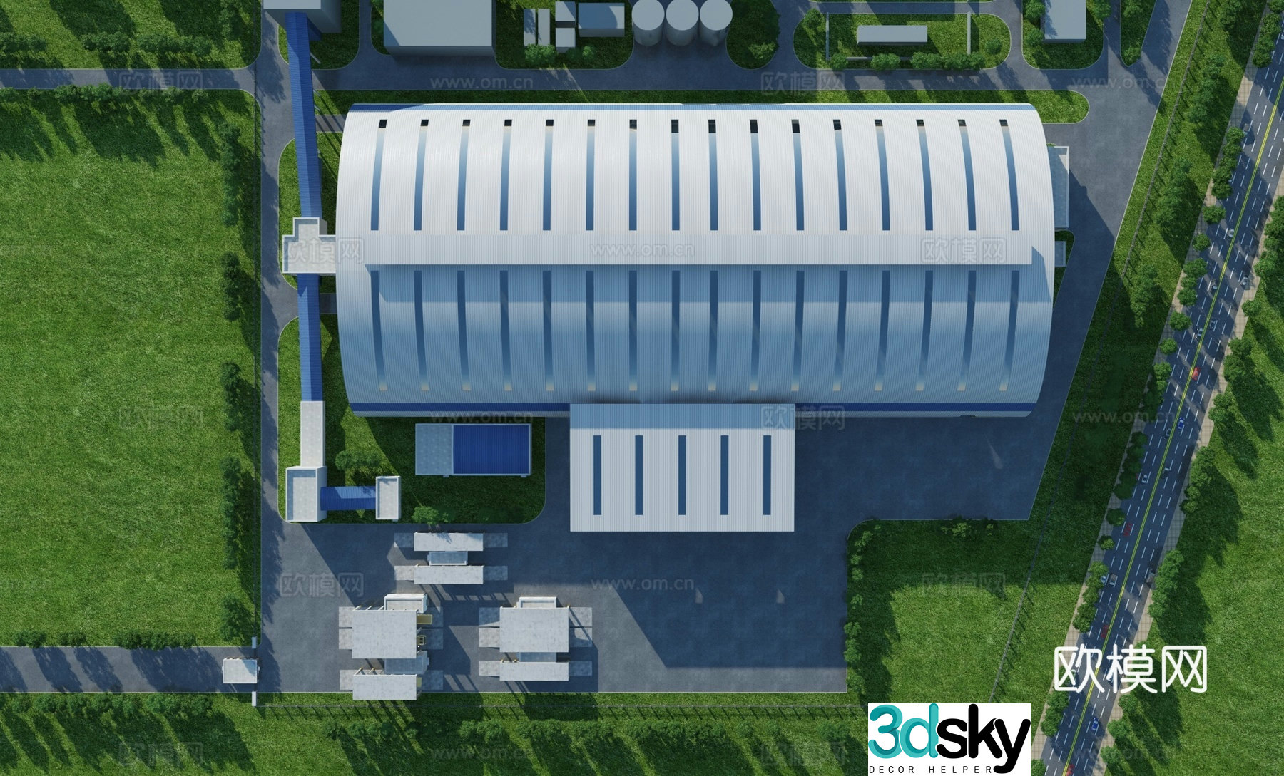 Aerial view 3d model of modern thermal power plant building