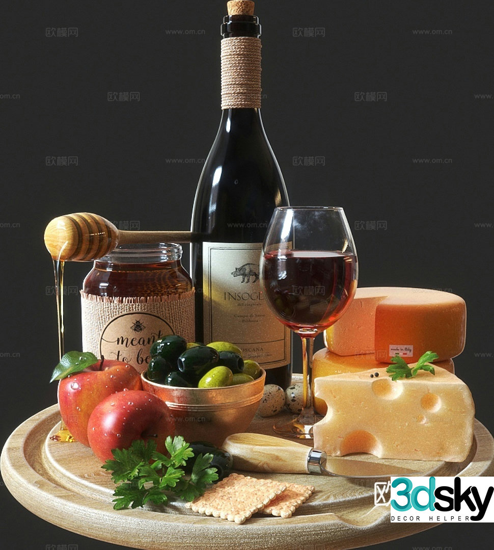 champagne red wine cheese apple biscuit dates honey food bird egg chili quail 3d model