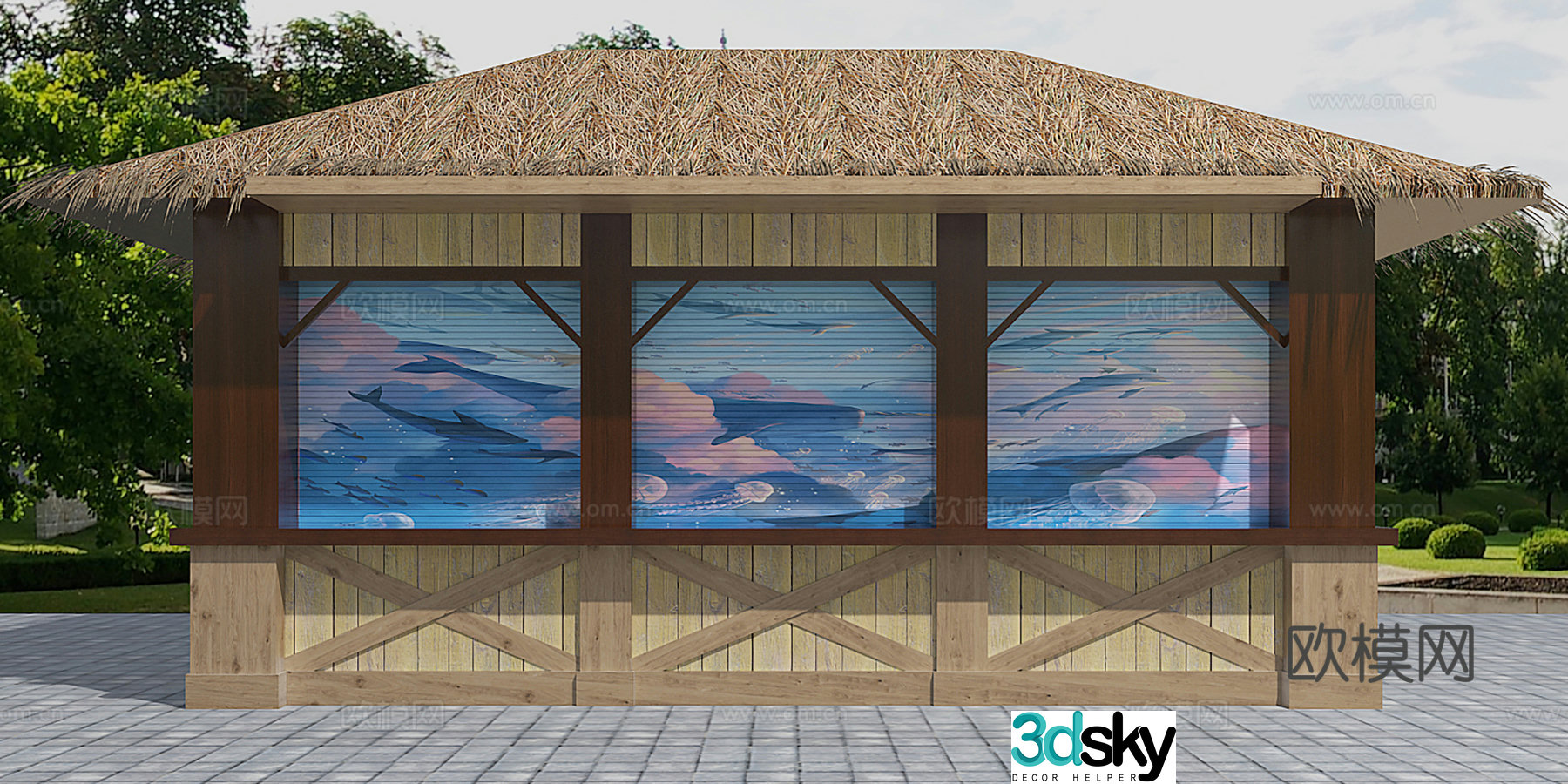 gazebo thatched house cabin 3d model