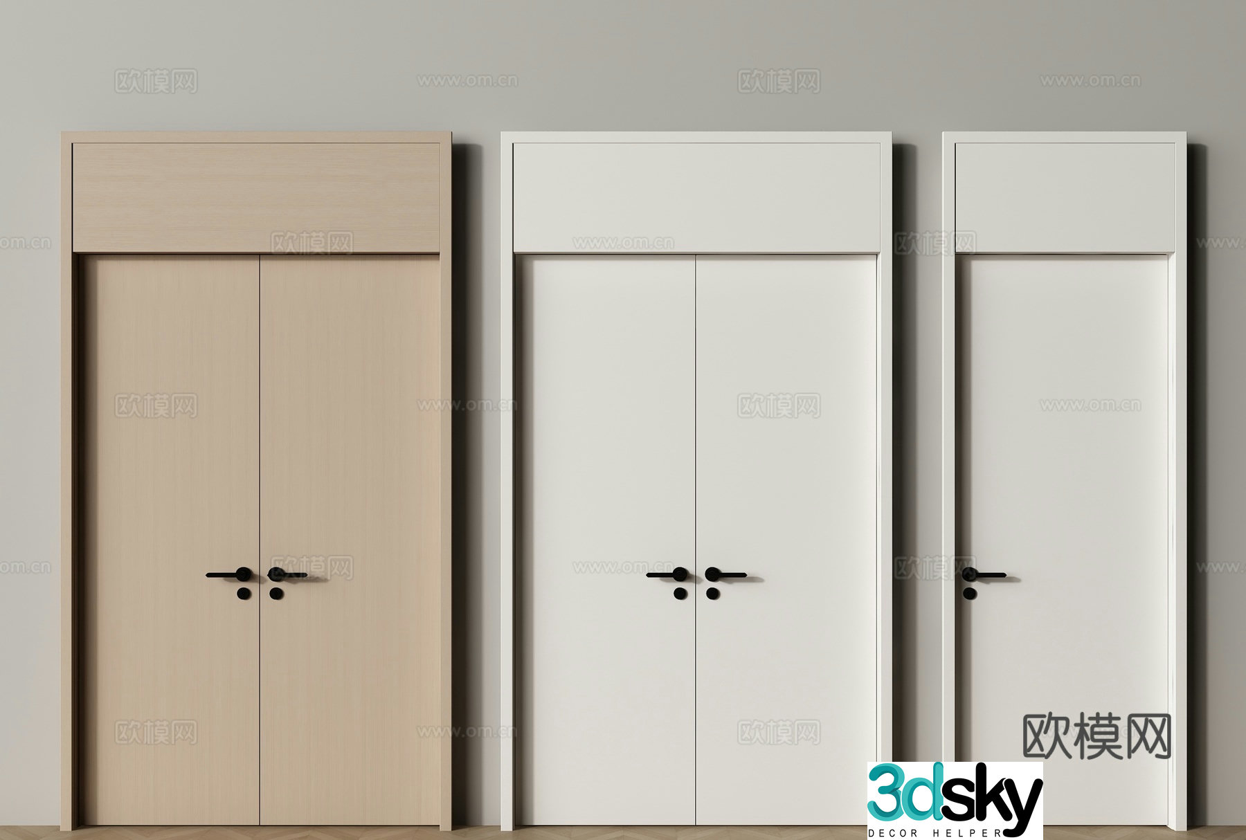 Modern double door door top door solid wood door 3d model