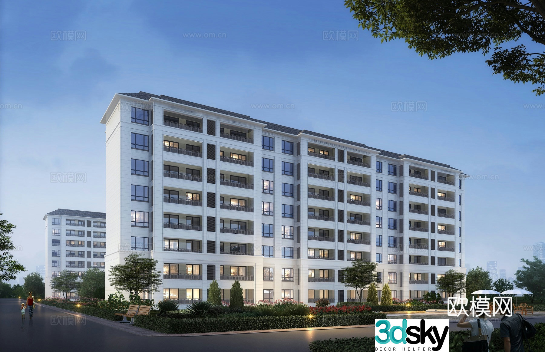 New Chinese style multi-story residential building exterior 3D model