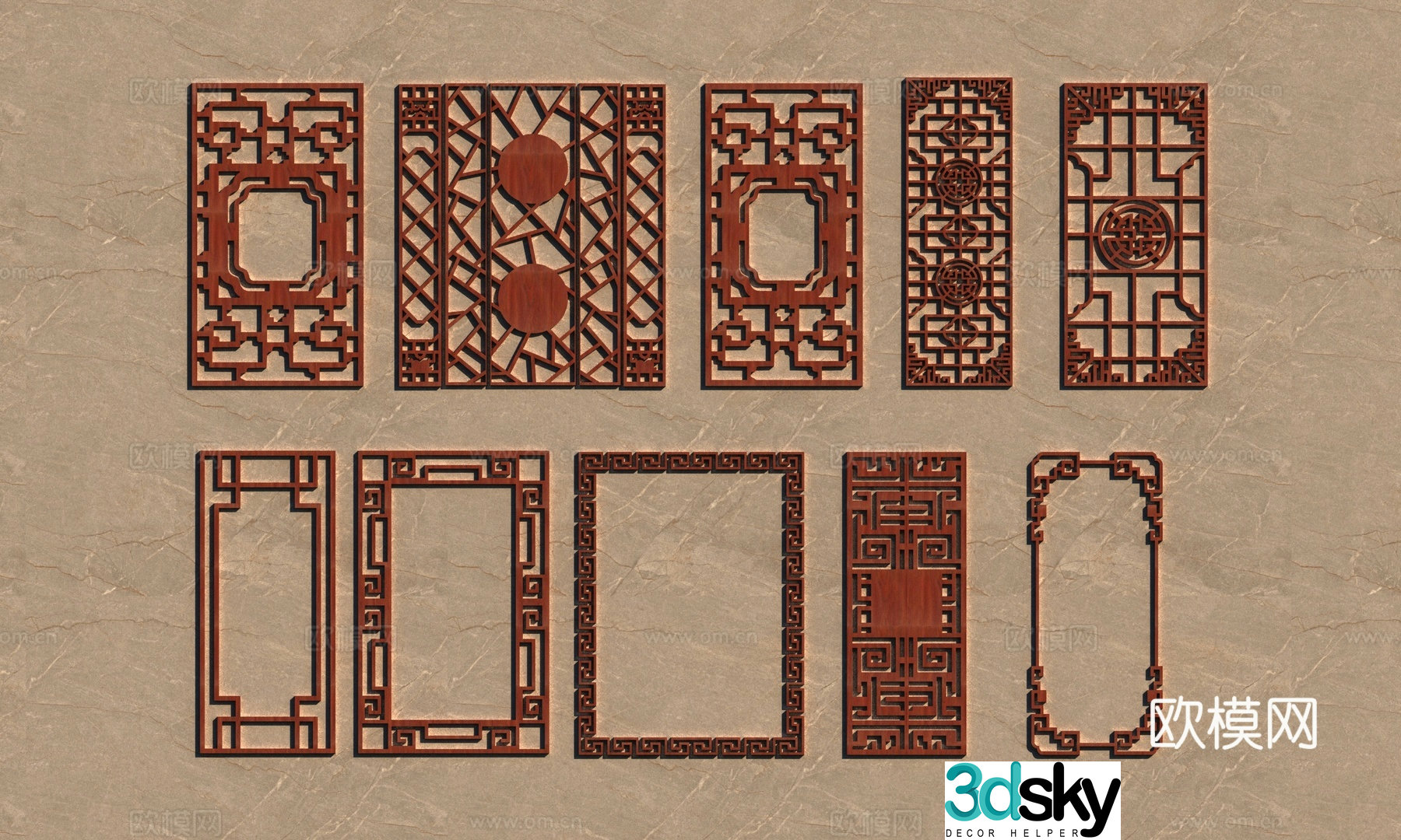 Chinese style window frame carved window 3d model
