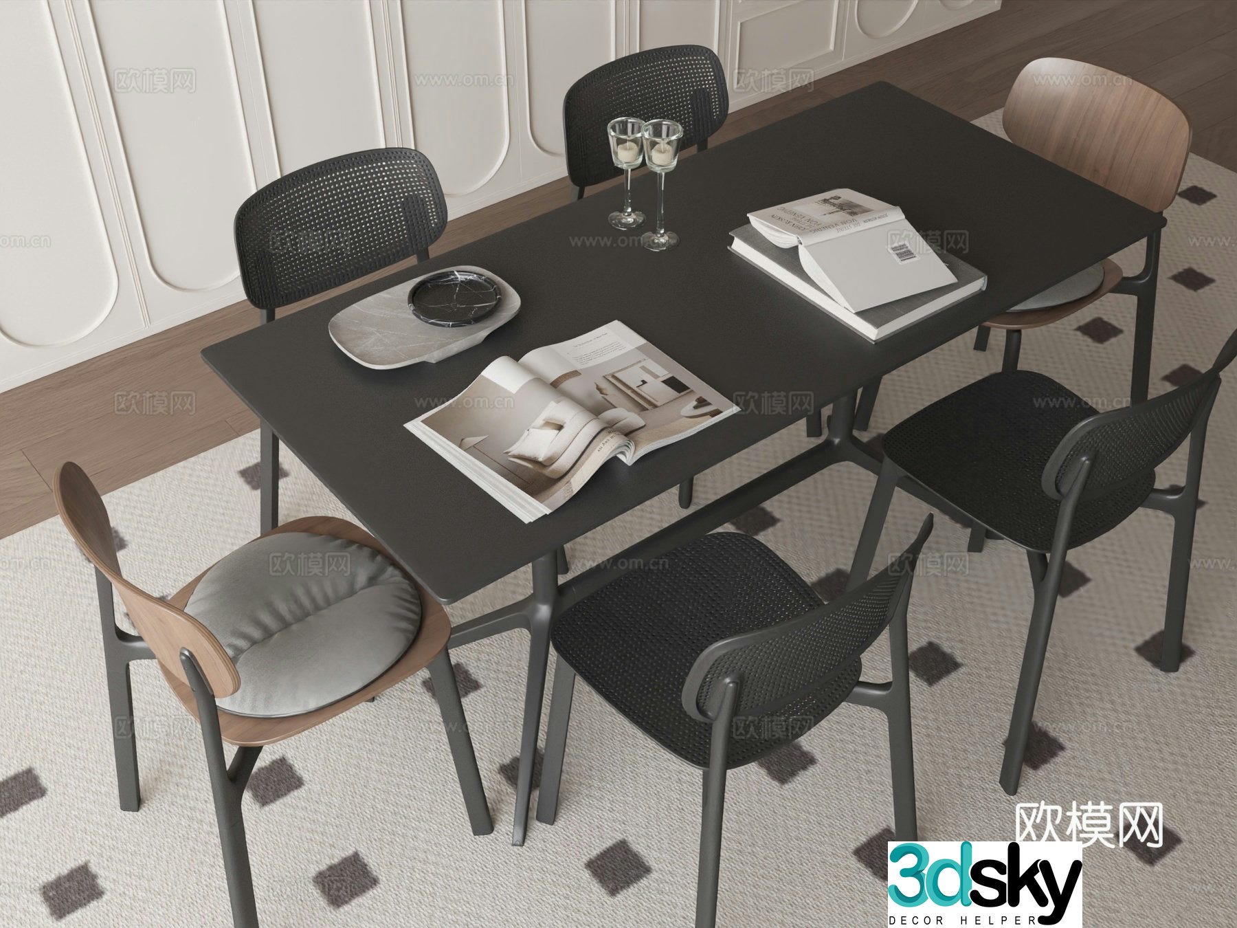 Modern minimalist dining table and chairs rectangular dining table and chairs 3d model