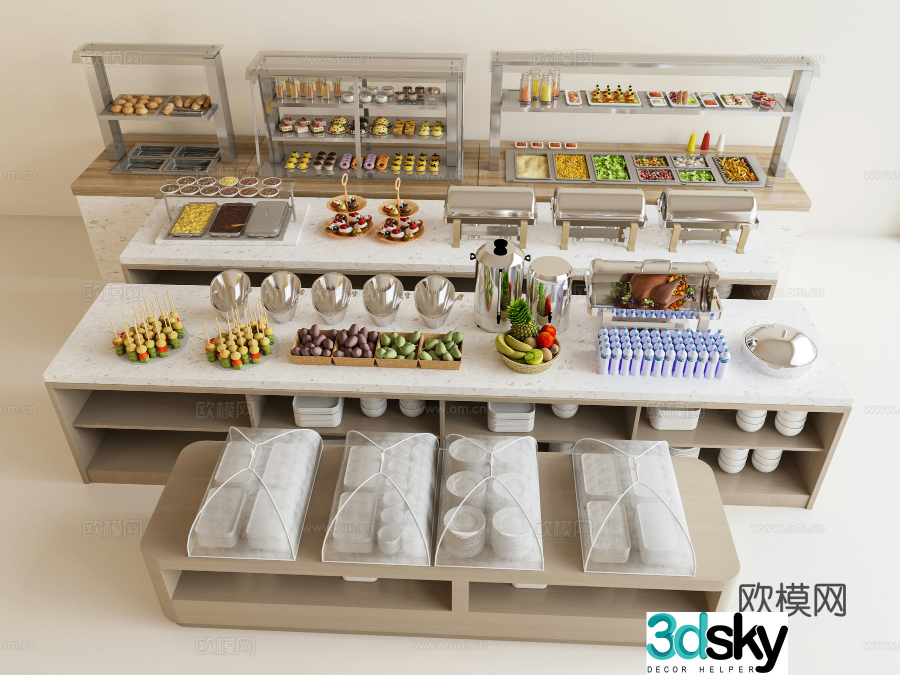 Modern buffet work table bowl cover self-service condiment table dining table 3D model