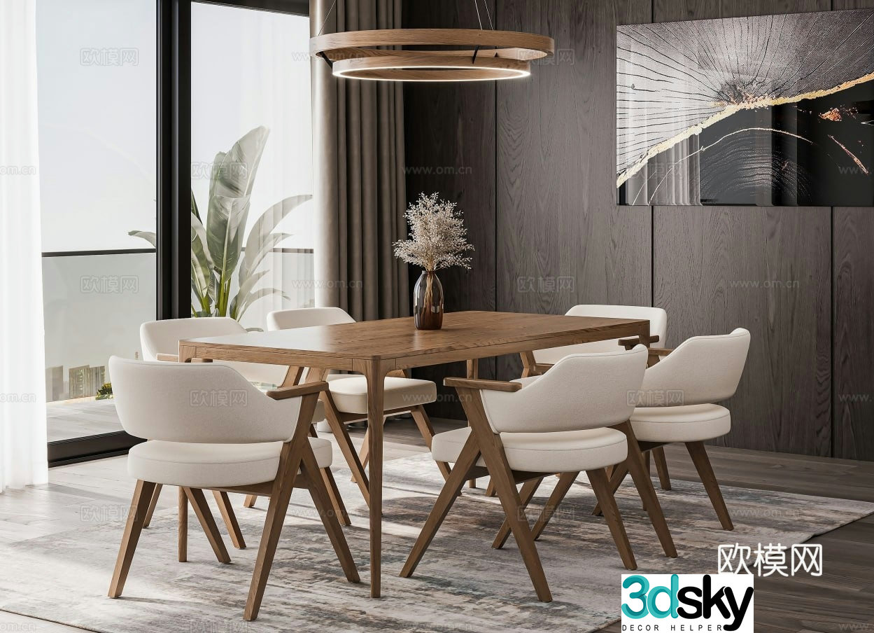 Wabi-sabi dining table and chairs strip dining table 3d model