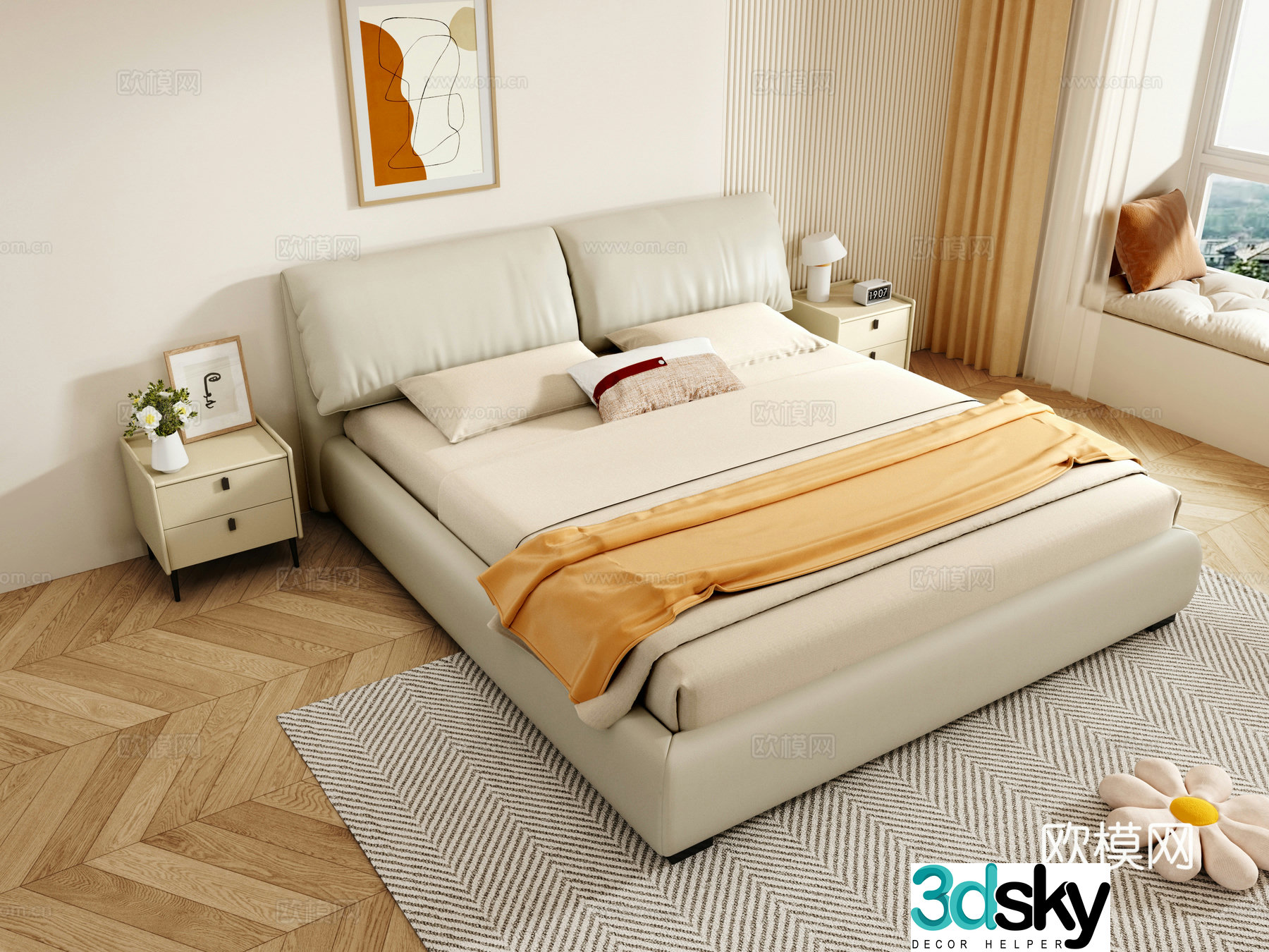 Cream style double bed 3d model