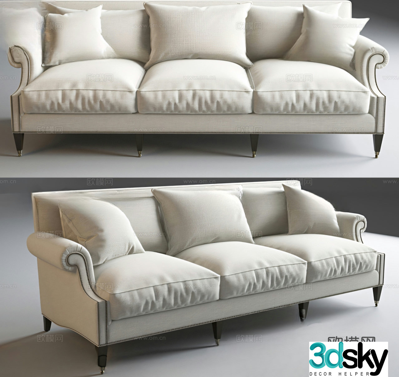 Simple European three-person sofa straight-row sofa 3D model