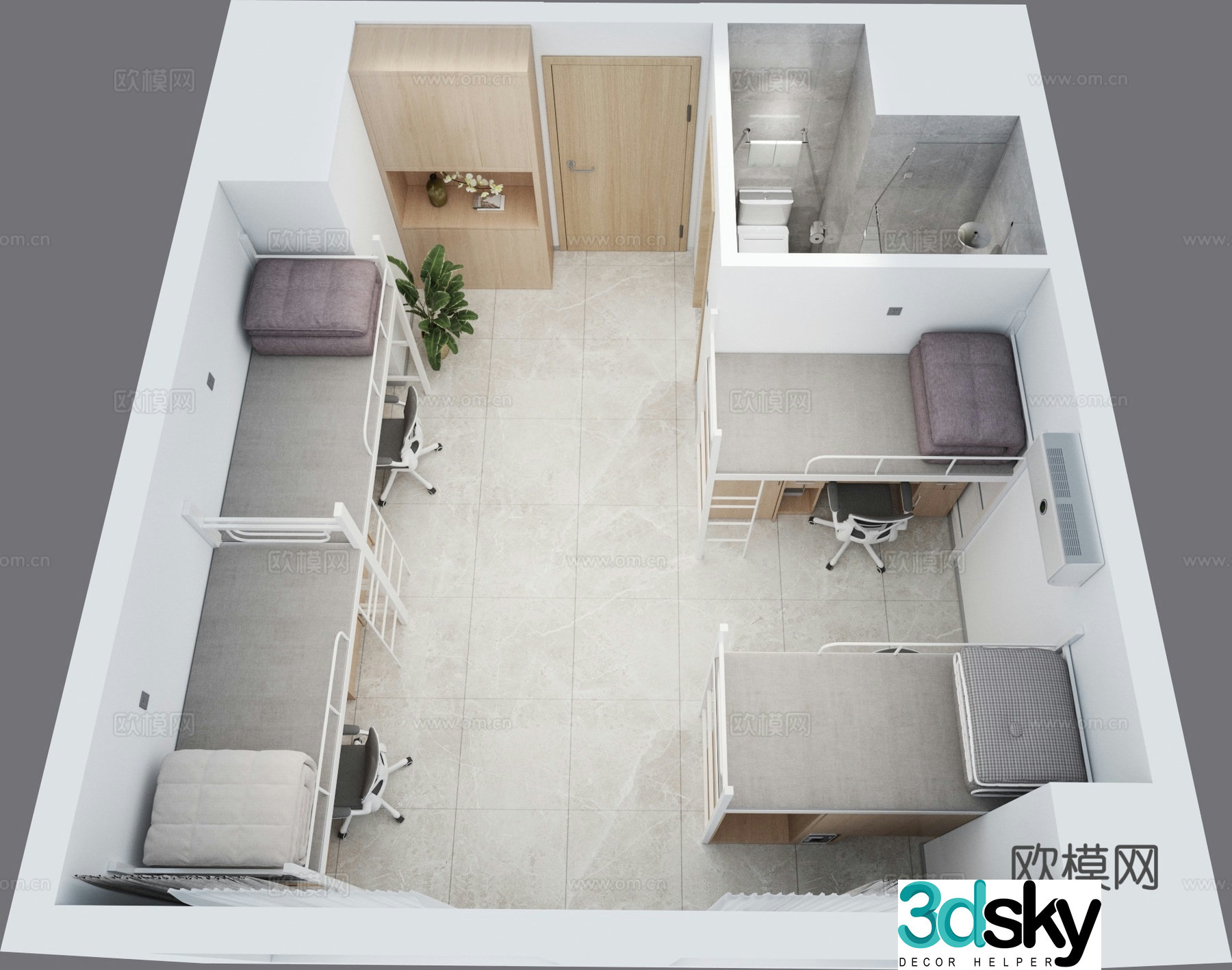 Aerial view 3d model of student dormitory