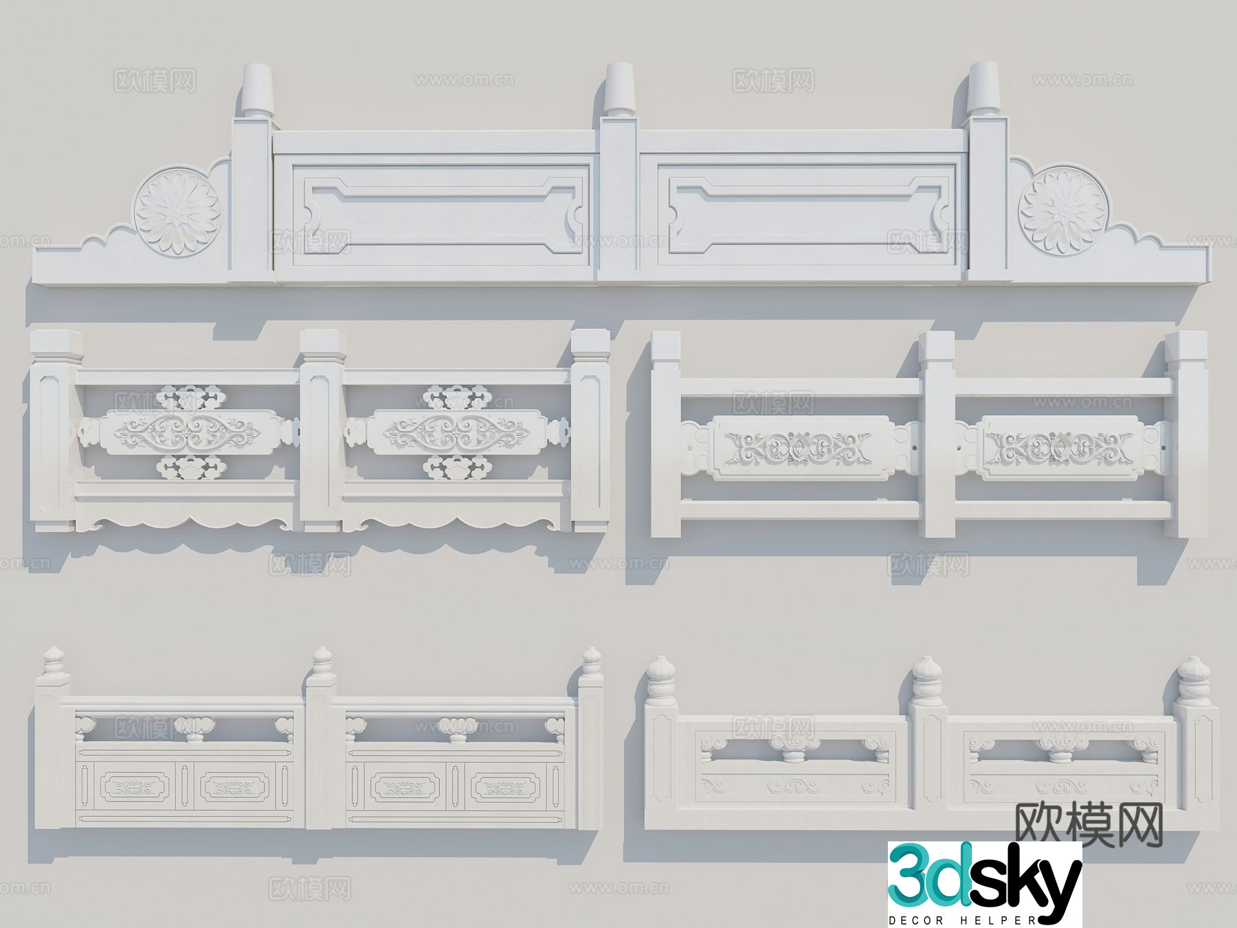 Chinese white marble guardrail marble railing stone railing 3D model